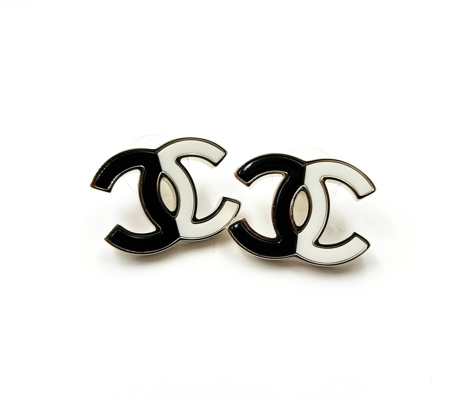 image of Chanel Gold Cc Black White Half Half Piercing Earrings in Black/White, Women's