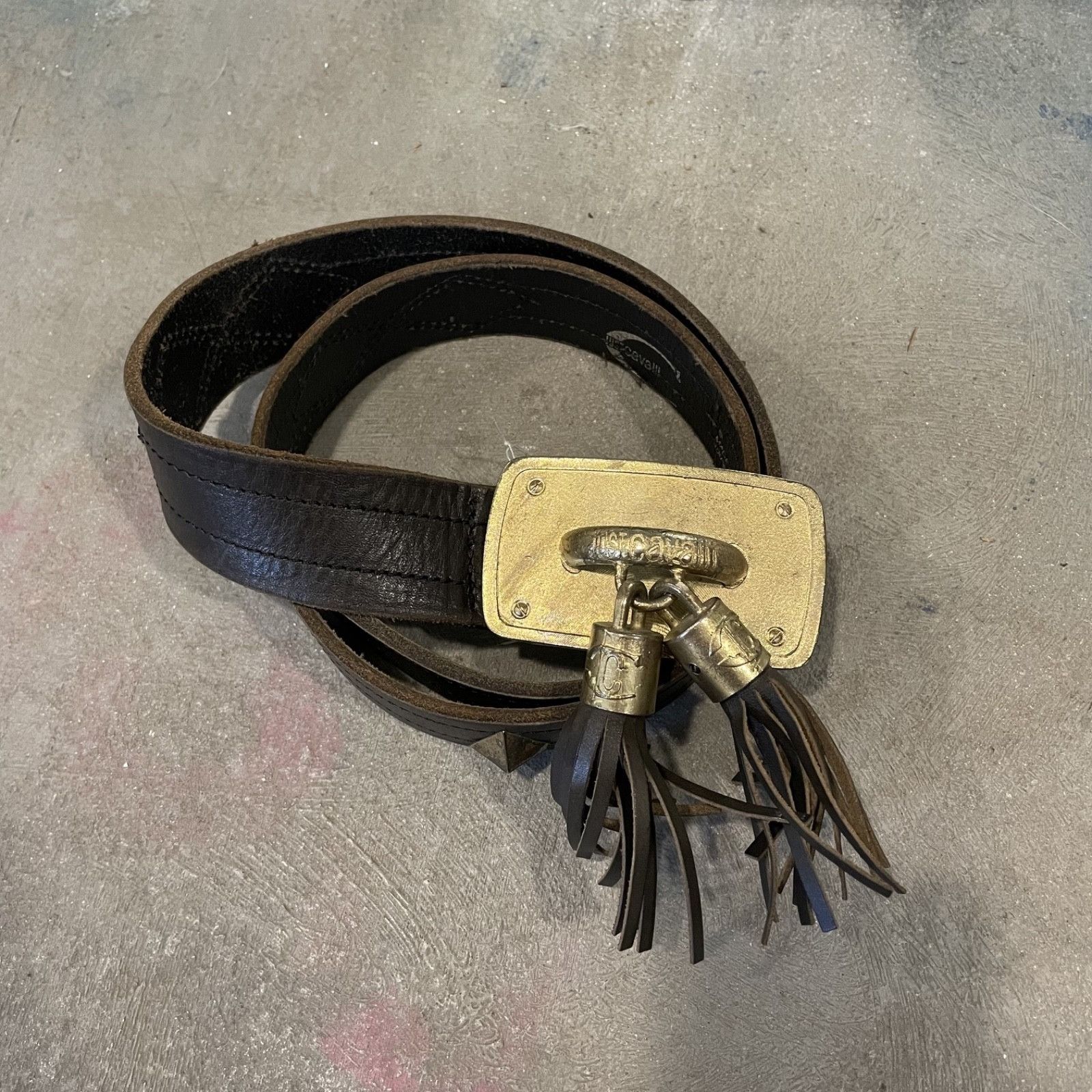 Just Cavalli Just Cavalli Y2K Brown Leather Belt Brass Buckle Logo 9372AC Size ONE SIZE - 1 Thumbnail