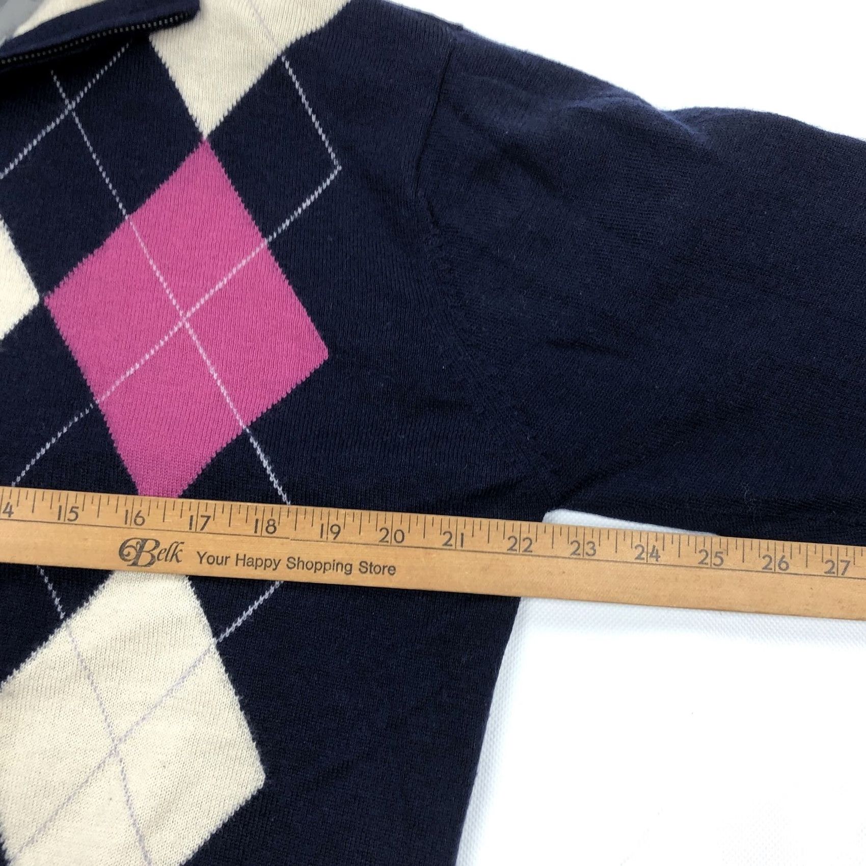 Footjoy FootJoy FJ Men's S Argyle 1/4 Zip Sweater Navy Blue Pink Lined Wool Golf UNCW Size US S / EU 44-46 / 1 - 5 Thumbnail