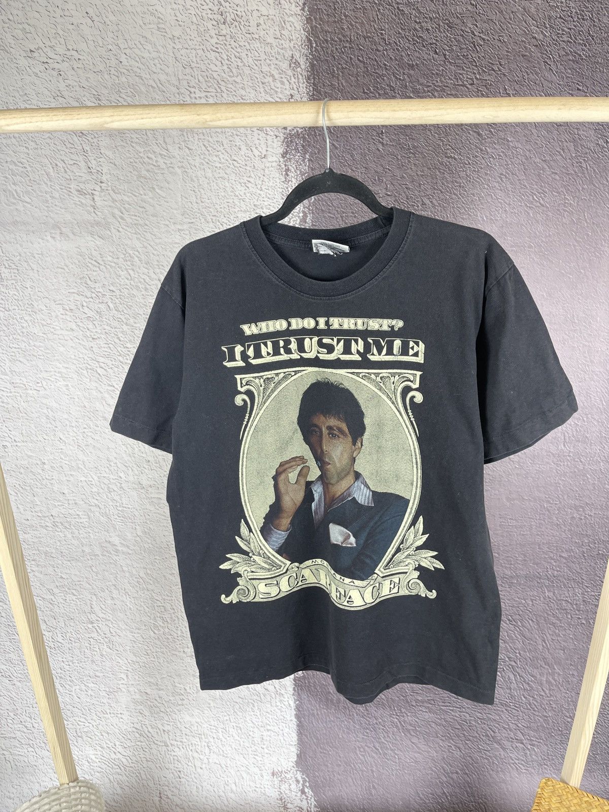 image of Band Tees x Movie Vintage 90's Scarface Tony Montana Al Pacino Single Stitc Tee in Black (Size Larg