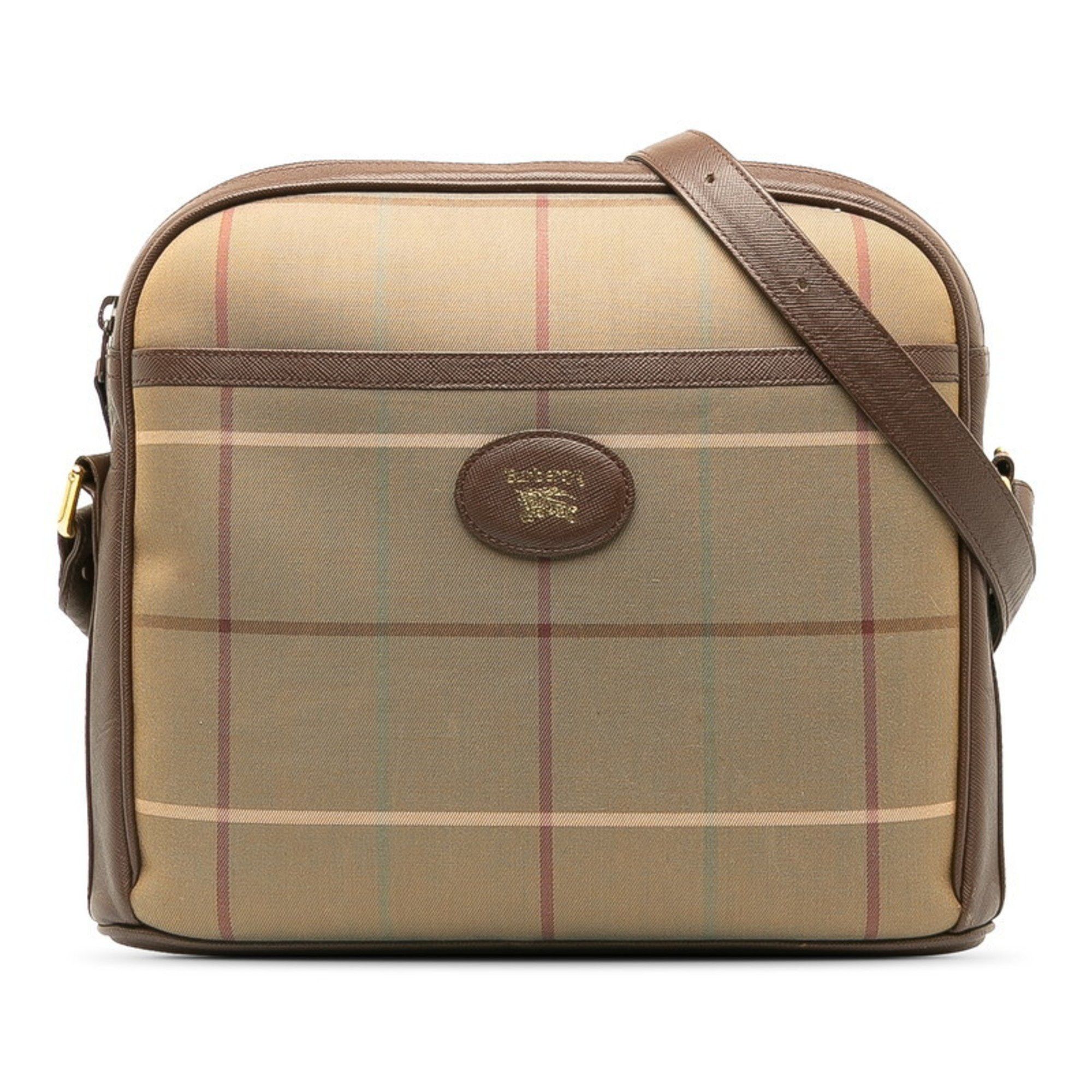 image of Burberry Check Bag Beige Brown Canvas Leather Women's Burberry