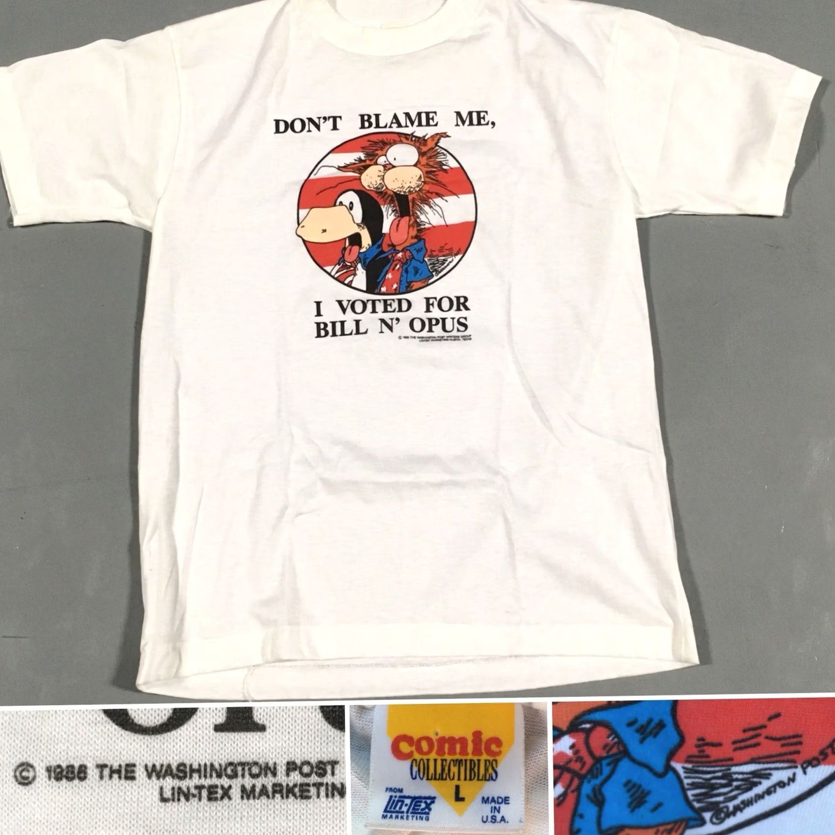 Vintage VINTAGE Don’t Blame Me I Voted For Bill N’ Opus T-Shirt 80s Washington Post L Shirt Men White 1980s Graphic Tee Size US L / EU 52-54 / 3 - 3 Thumbnail