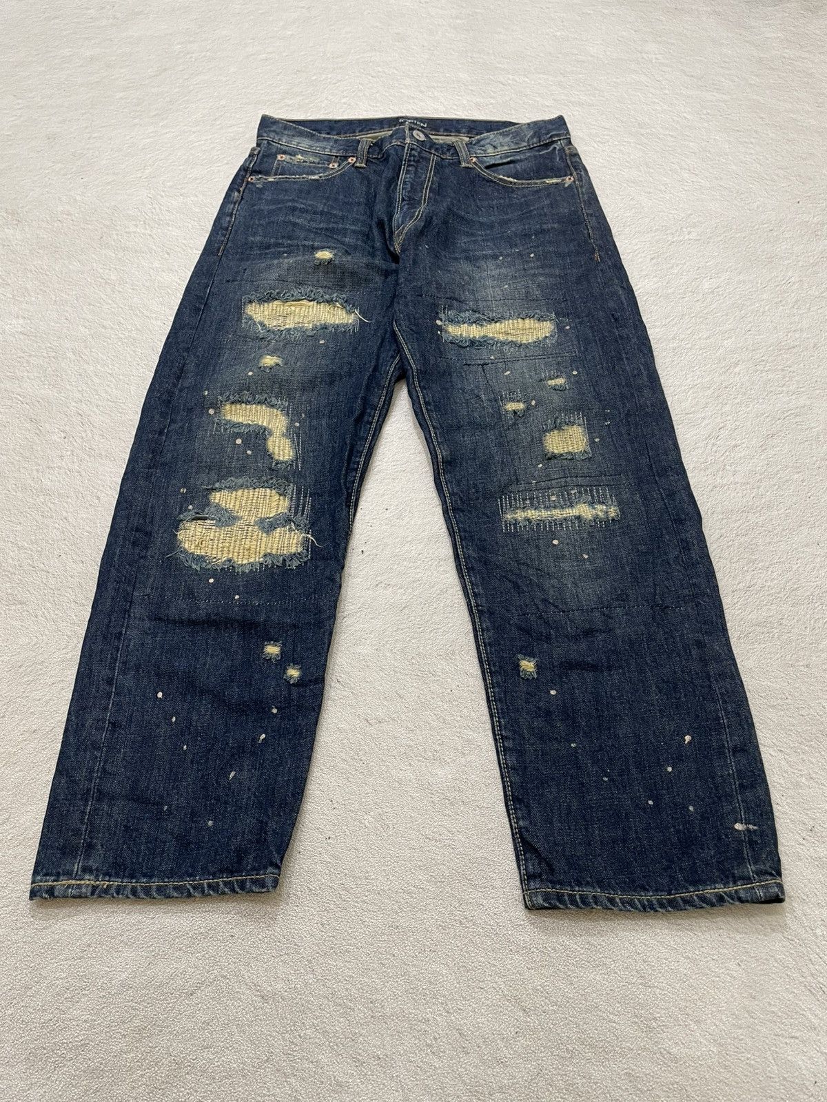 Japanese Brand Heavily Repaired Japanese Style Workwear Denim Dark Indigo Size US 31 - 1 Thumbnail