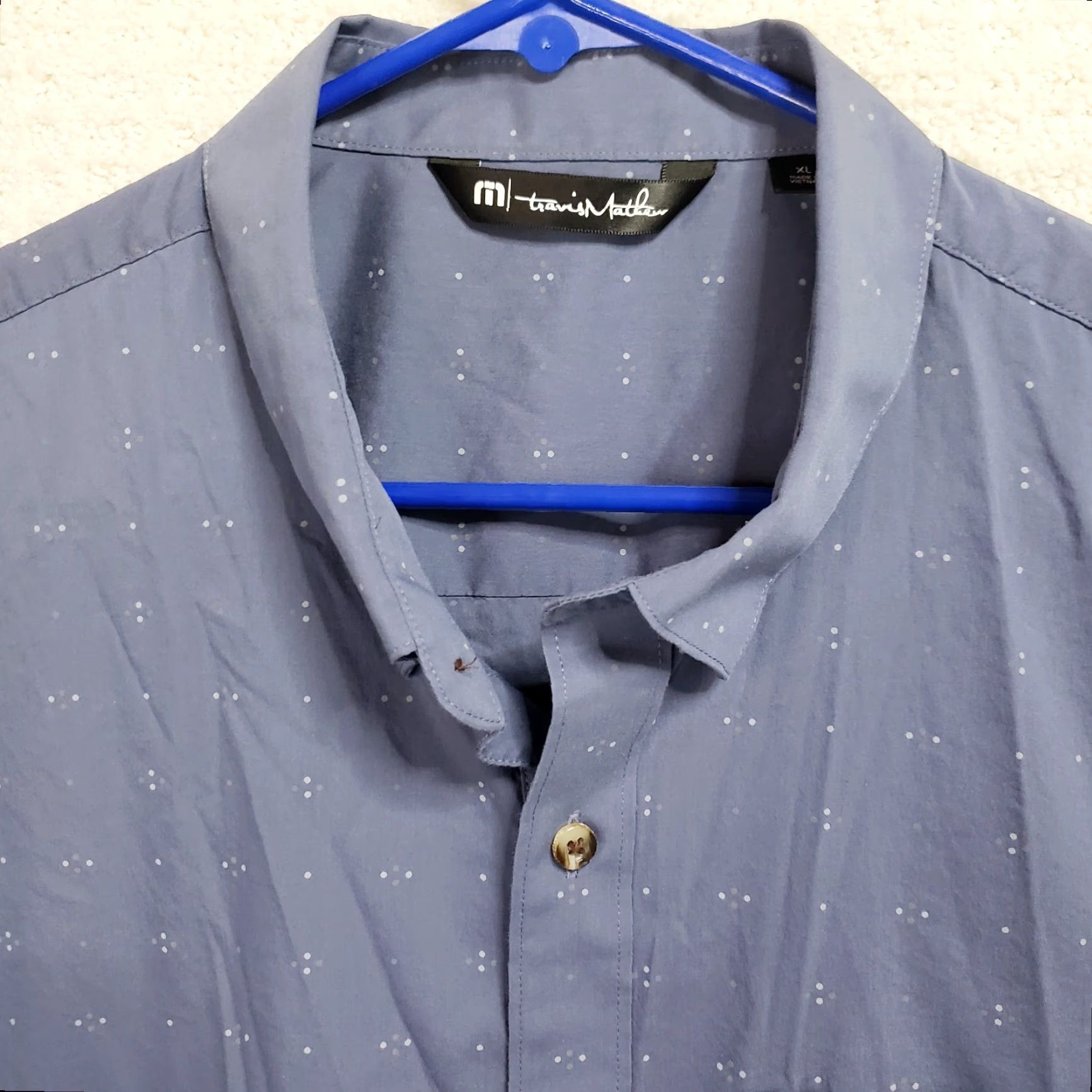 TravisMathew Travis Mathew Shirt Mens XL Blue Geometric Button-Up Short Sleeve Stretch Size US XL / EU 56 / 4 - 5 Thumbnail