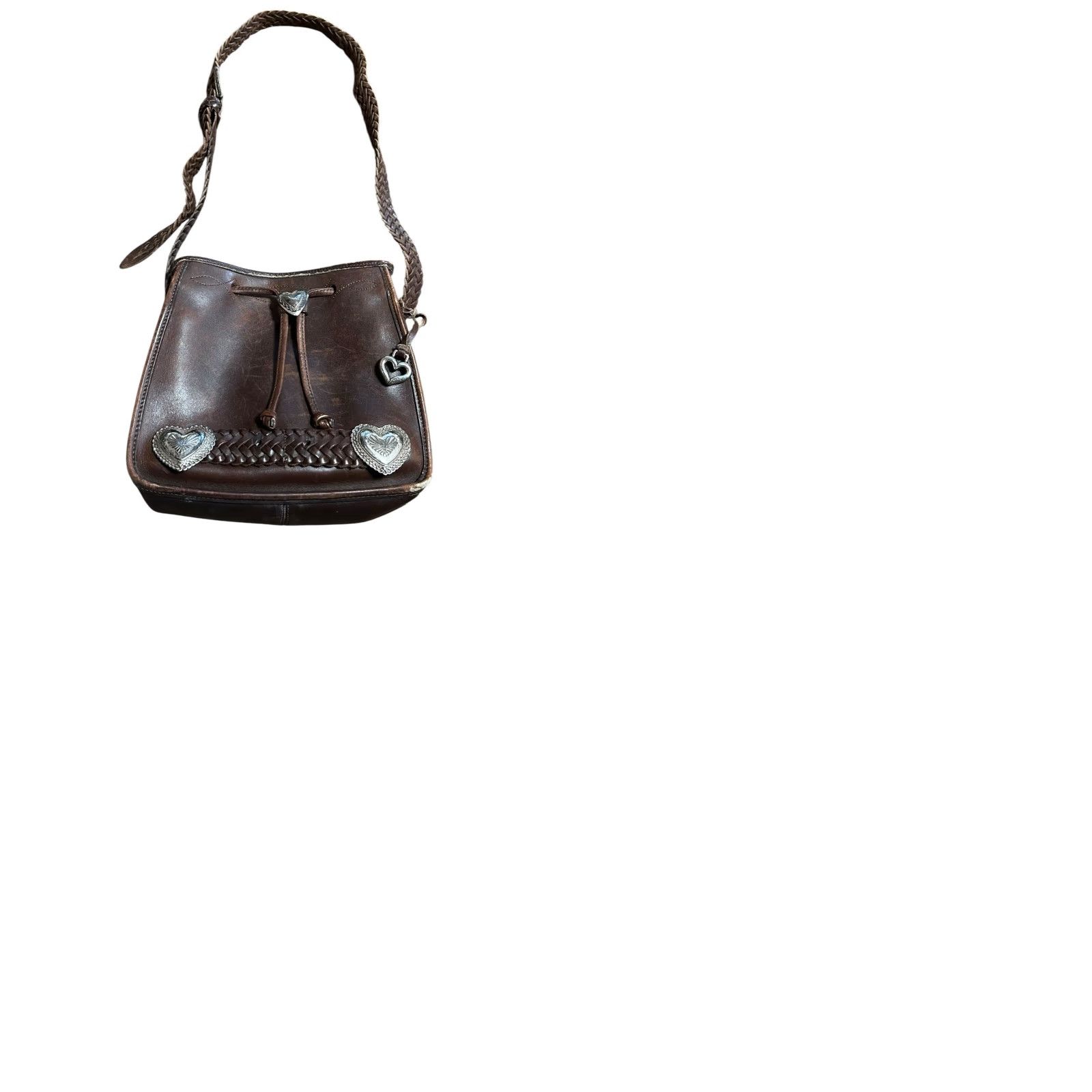 Brighton VINTAGE Brighton Western Crossbody Purse Hearts Leather Brown Conchos Damaged Women Crossbody Bag Medium Brown Leather, Silver Hardware Women Size ONE SIZE - 12 Thumbnail