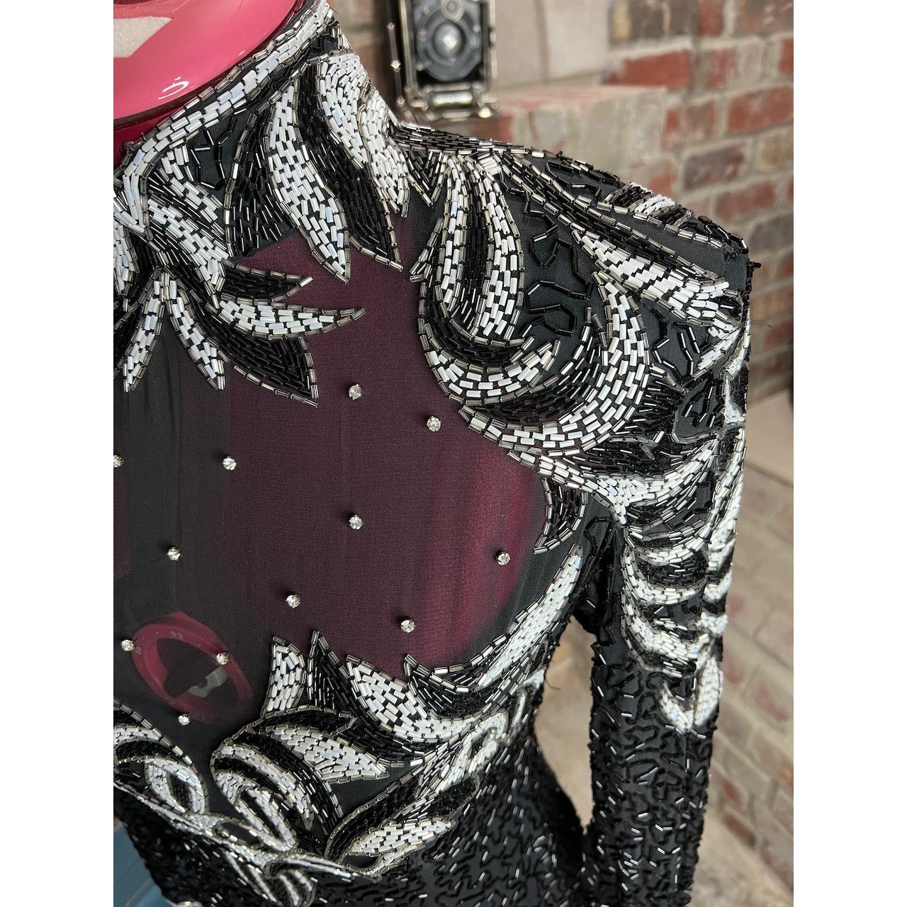 Vintage dress 100% silk beaded sheer bust high collar black white Size L / US 10 / IT 46 - 11 Thumbnail