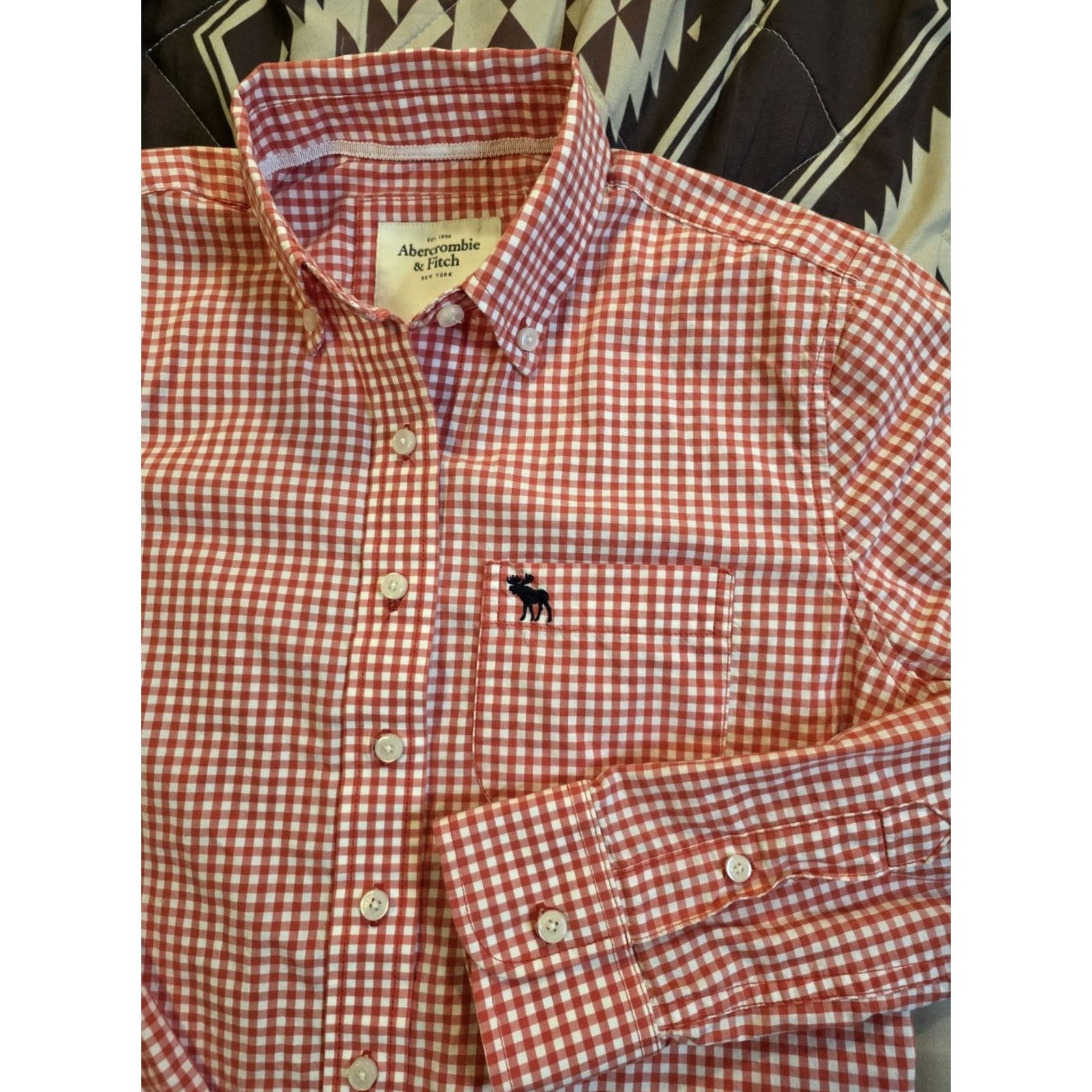 Abercrombie & Fitch VINTAGE Abercrombie & Fitch Women's Button-Up Shirt Gingham Red XS, Plaid, Long Sleeve, Collared, Button, Casual, Preppy, Classic, 2000s, Women Size XS / US 0-2 / IT 36-38 - 2 Thumbnail