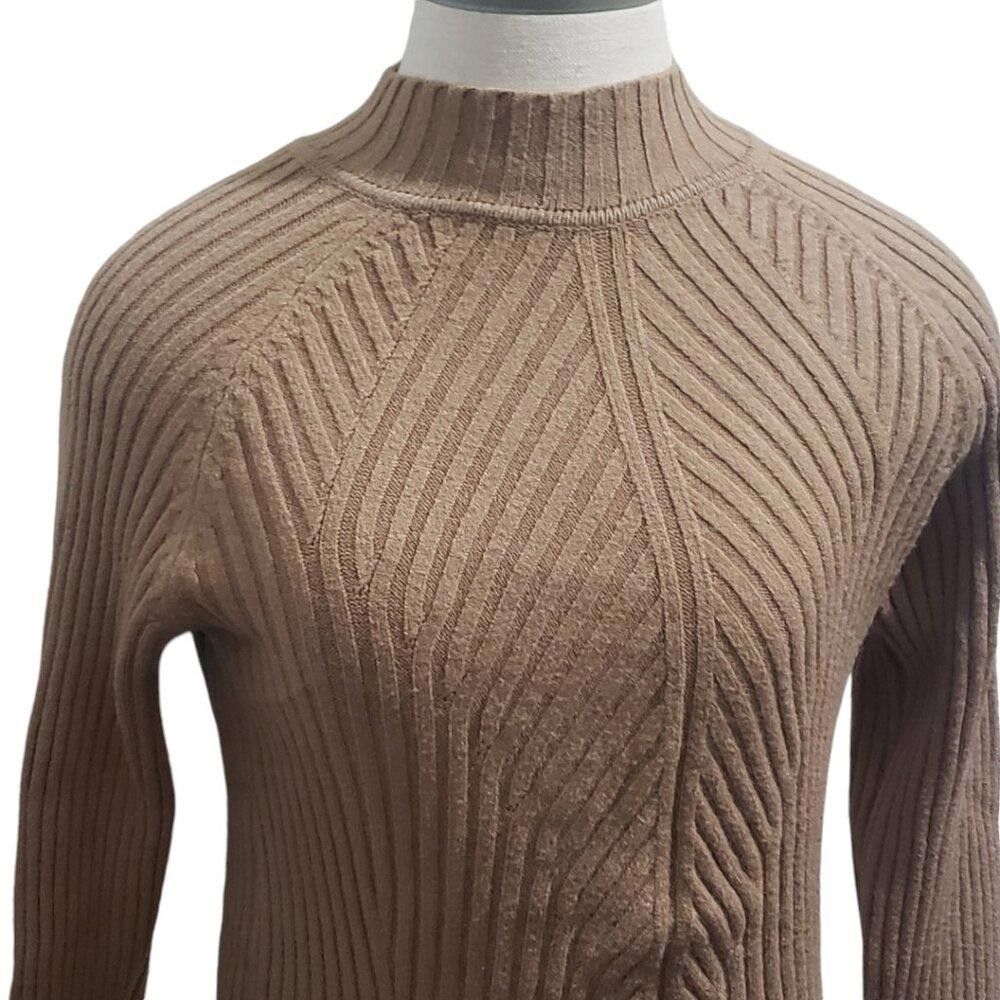 Designer Tan Mock Neck Ribbed Long Sleeve Sweater M Size M / US 6-8 / IT 42-44 - 2 Thumbnail
