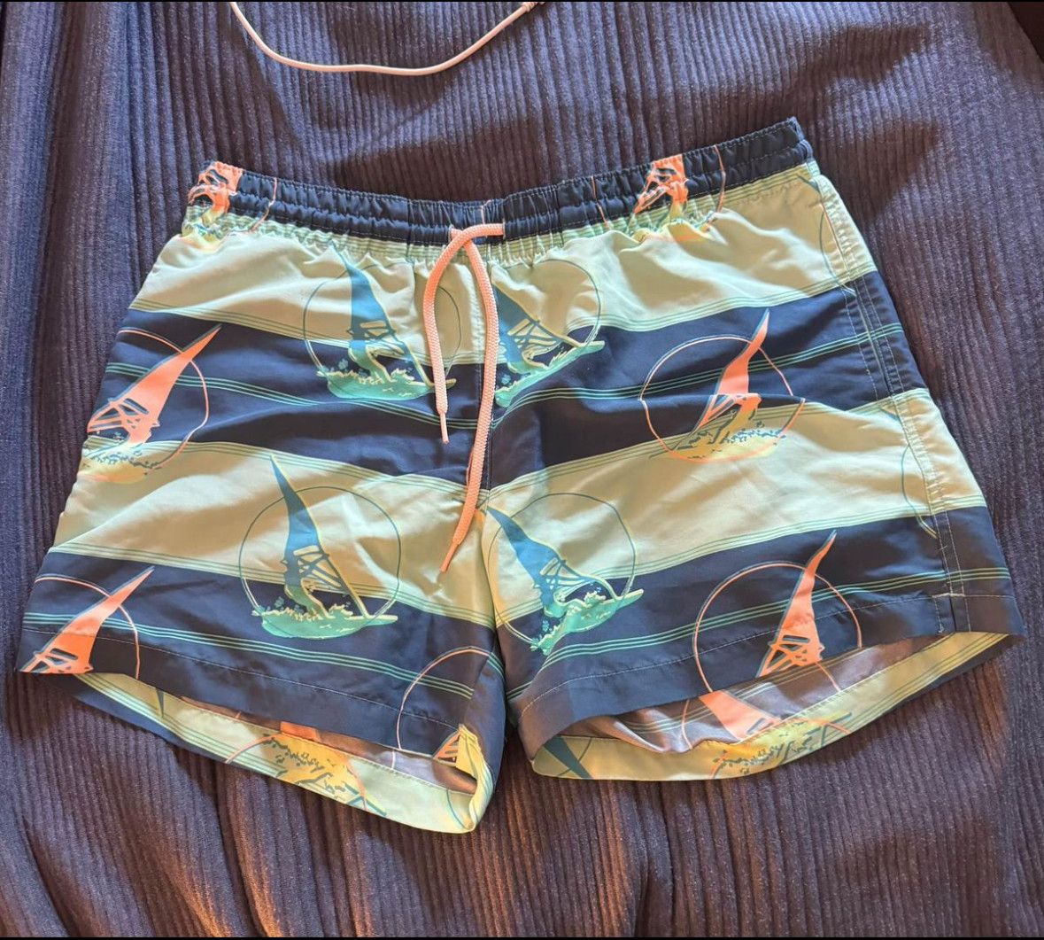 Chubbies Mens Sailboat Striped Drawstring Swim Trunk Teal Blue Medium Size US 32 / EU 48 - 1 Preview