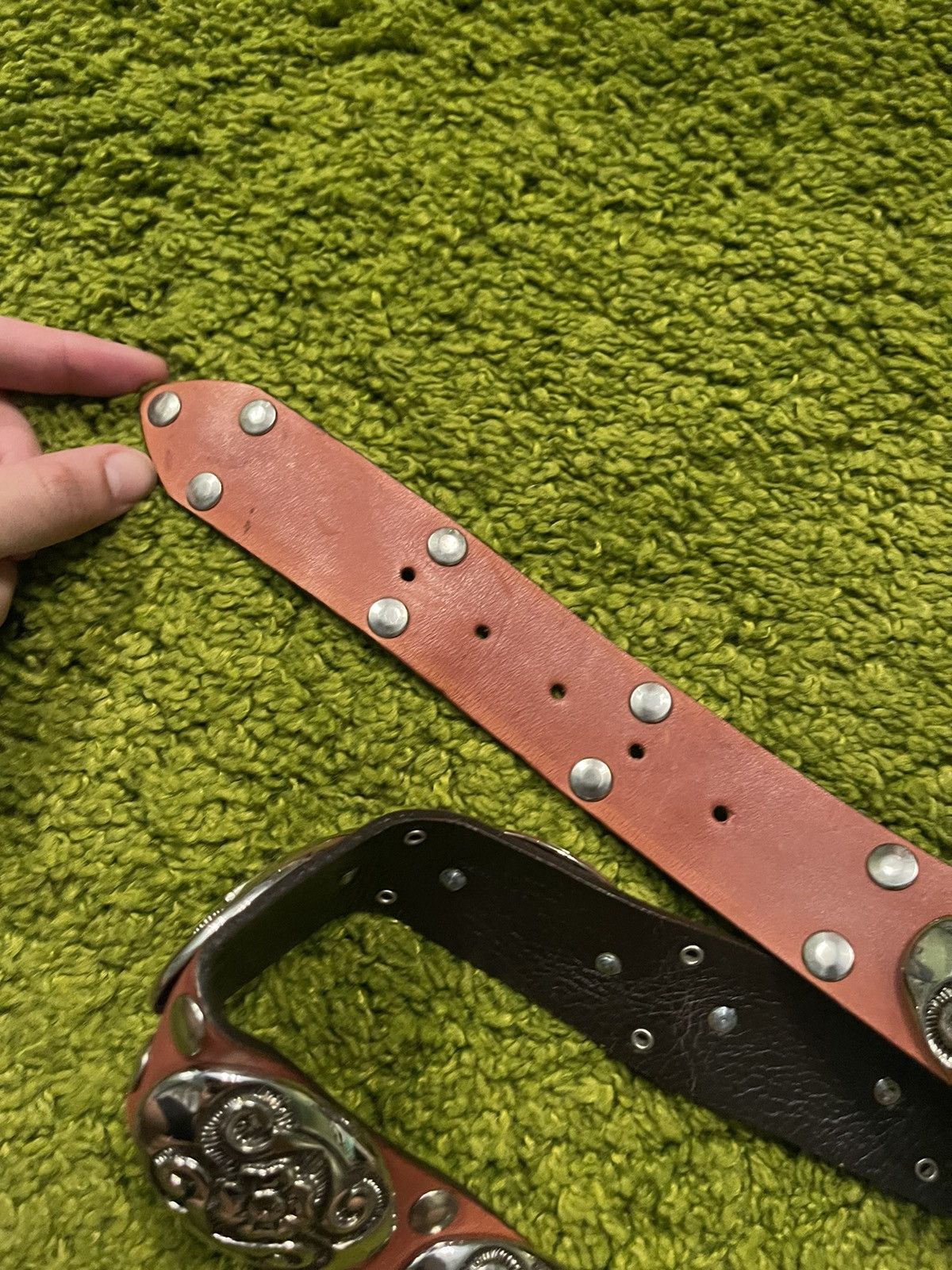 Cowboy Equipment × Genuine Leather × Vintage Nanni western cowboy style chrome plated leather belt Size 32 - 4 Thumbnail