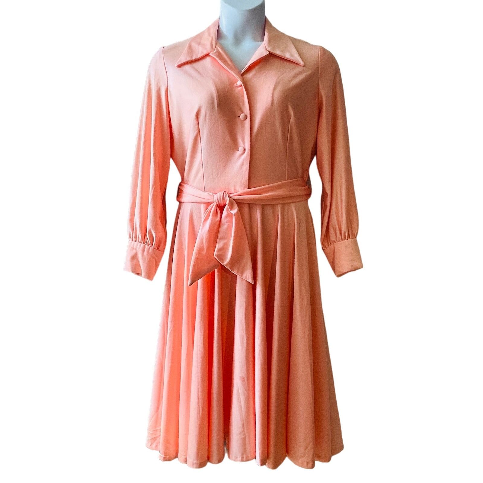 Vintage VINTAGE 1970s Peach Jersey Shirt Dress with Belt Size Large Size L / US 10 / IT 46 - 1 Thumbnail