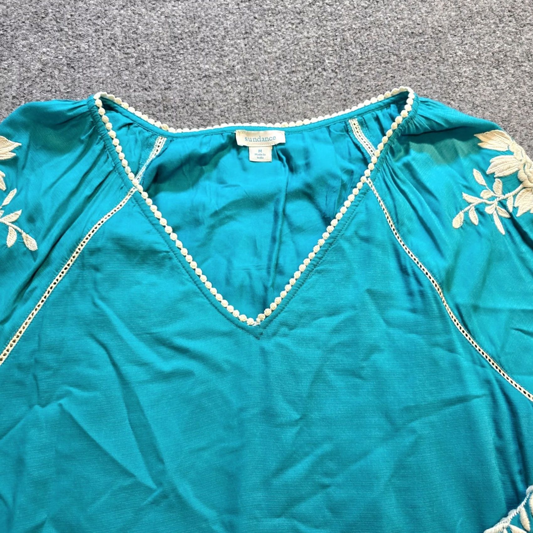 Vintage Sundance Blouse Women Size M Green White Floral Embroidery Peasant Boho Casual Shirt Size M / US 6-8 / IT 42-44 - 2 Thumbnail