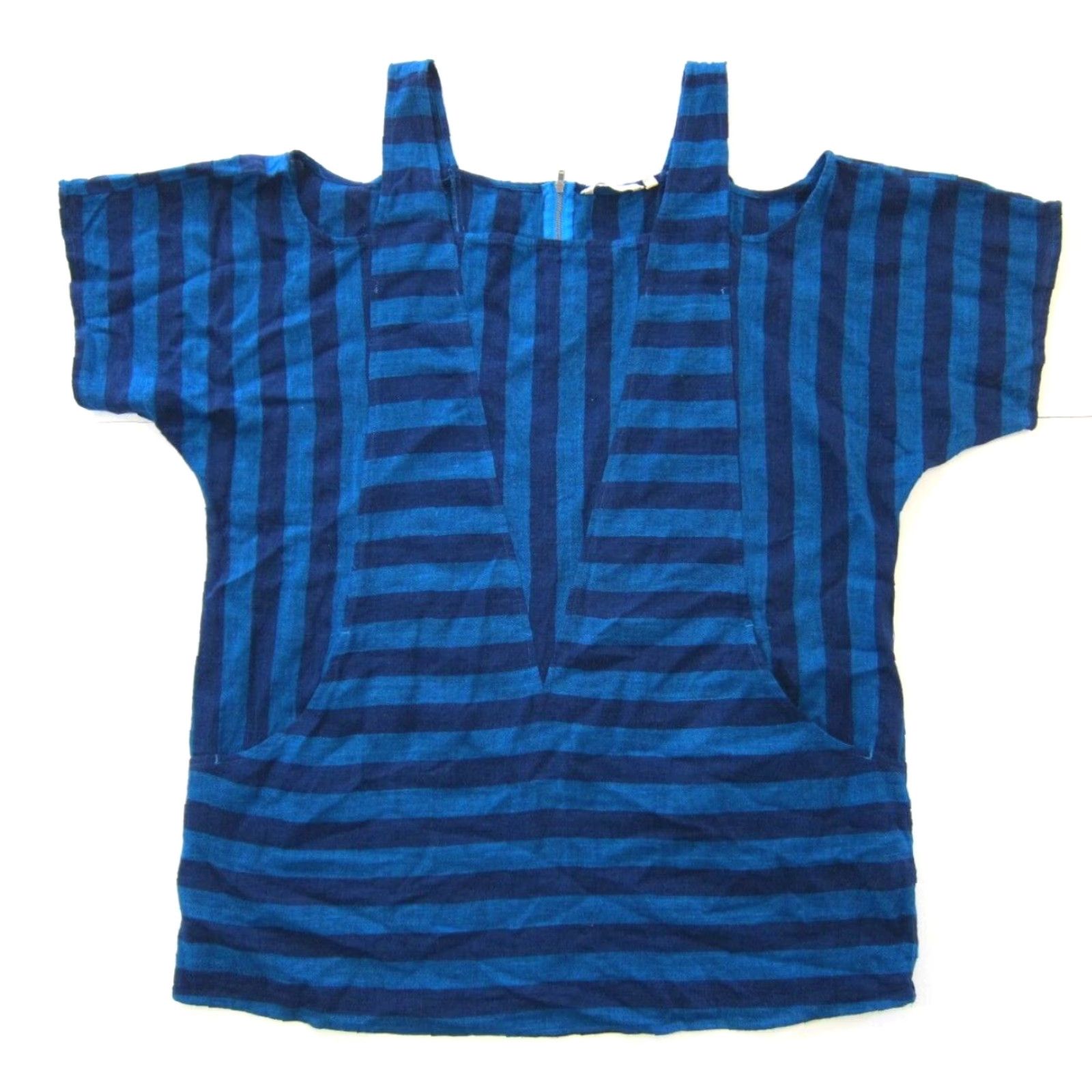 Soft Surroundings VINTAGE Soft Surroundings Linen Blue Stripe Boxy Peep Shoulder Tunic Pocket Blouse Large Size L / US 10 / IT 46 - 2 Thumbnail