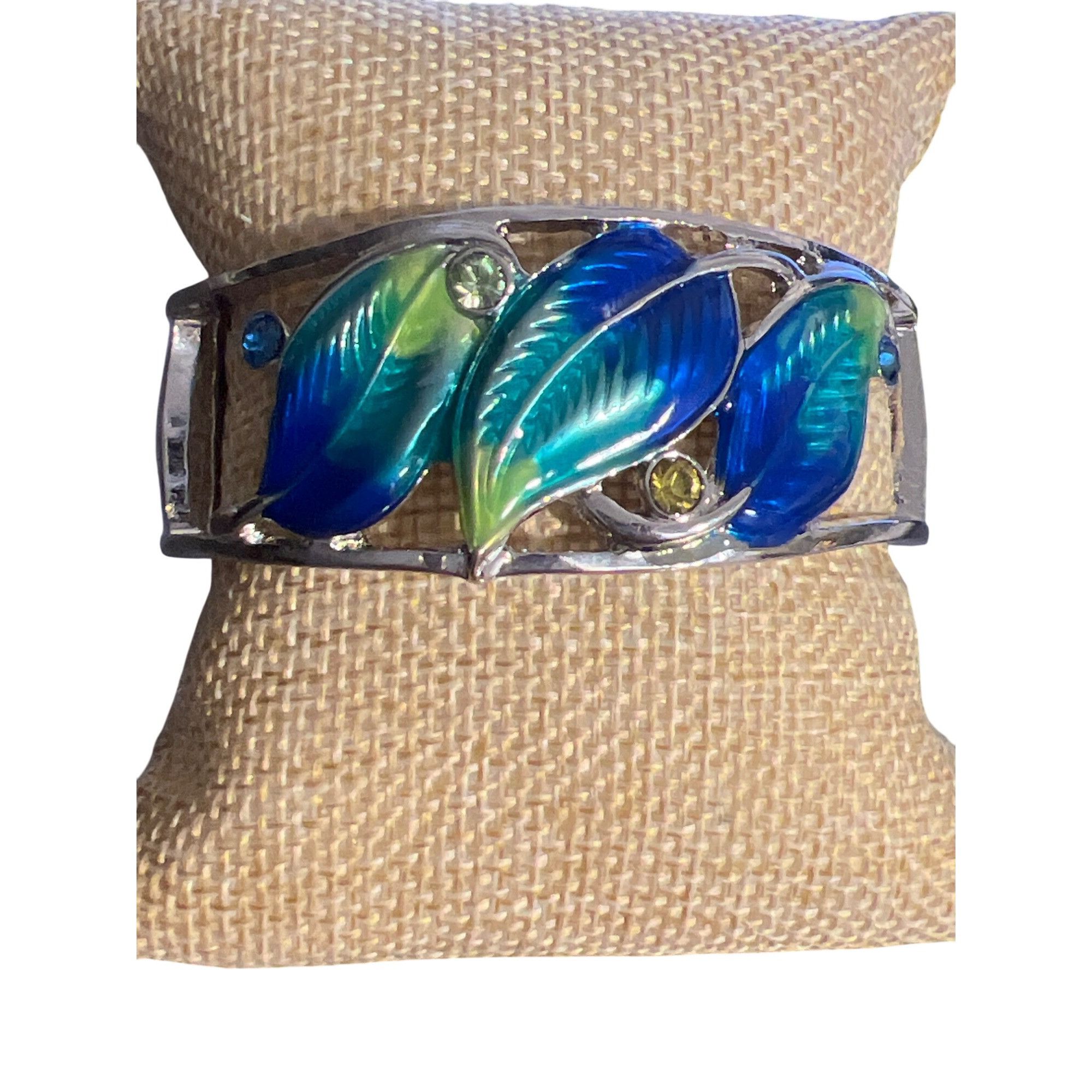 Other Silver Tone Clamper Bracelet Blue Green Enamel Leaves Rhines Size ONE SIZE - 1 Thumbnail