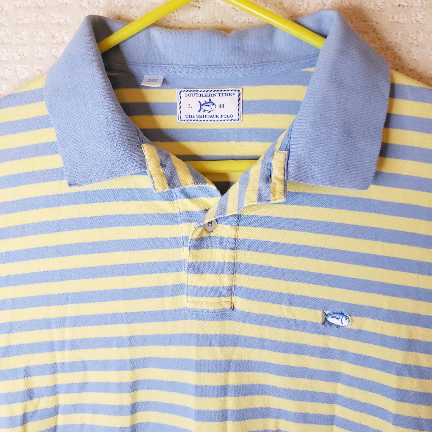 Southern Tide VINTAGE Southern Tide SkipJack Polo Shirt L Mens Striped Blue Yellow Polyester Cotton Blend Short Sleeve Polo Shirt with Fat Tuna Accents Size US L / EU 52-54 / 3 - 3 Thumbnail