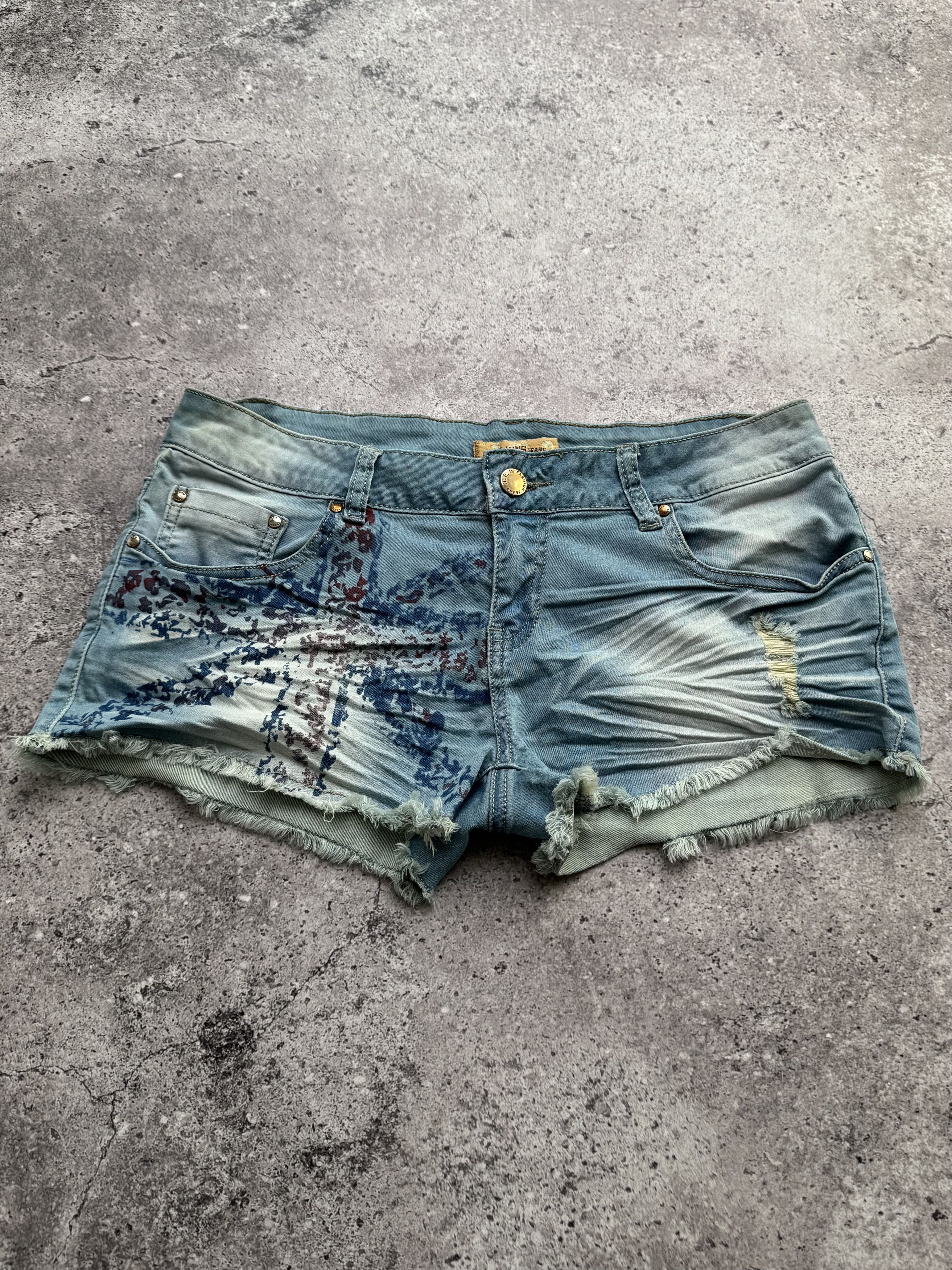 Vintage Y2K Graphic Print Shorts Distressed Hot Pants Festival (E8) Size 30" / US 8 / IT 44 - 1 Thumbnail