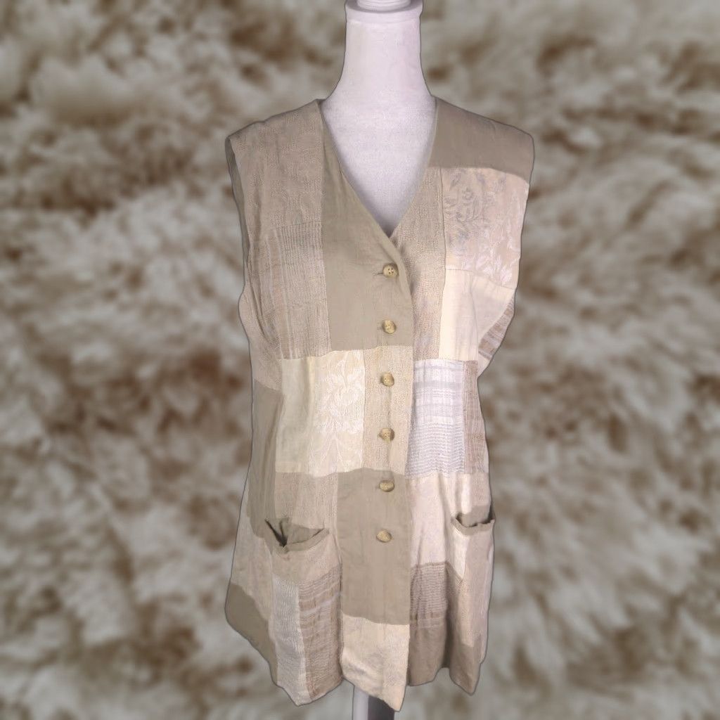 VINTAGE Express Vest M Beige Longline Button Front Sleeveless Light Academia Womens 80s 90s