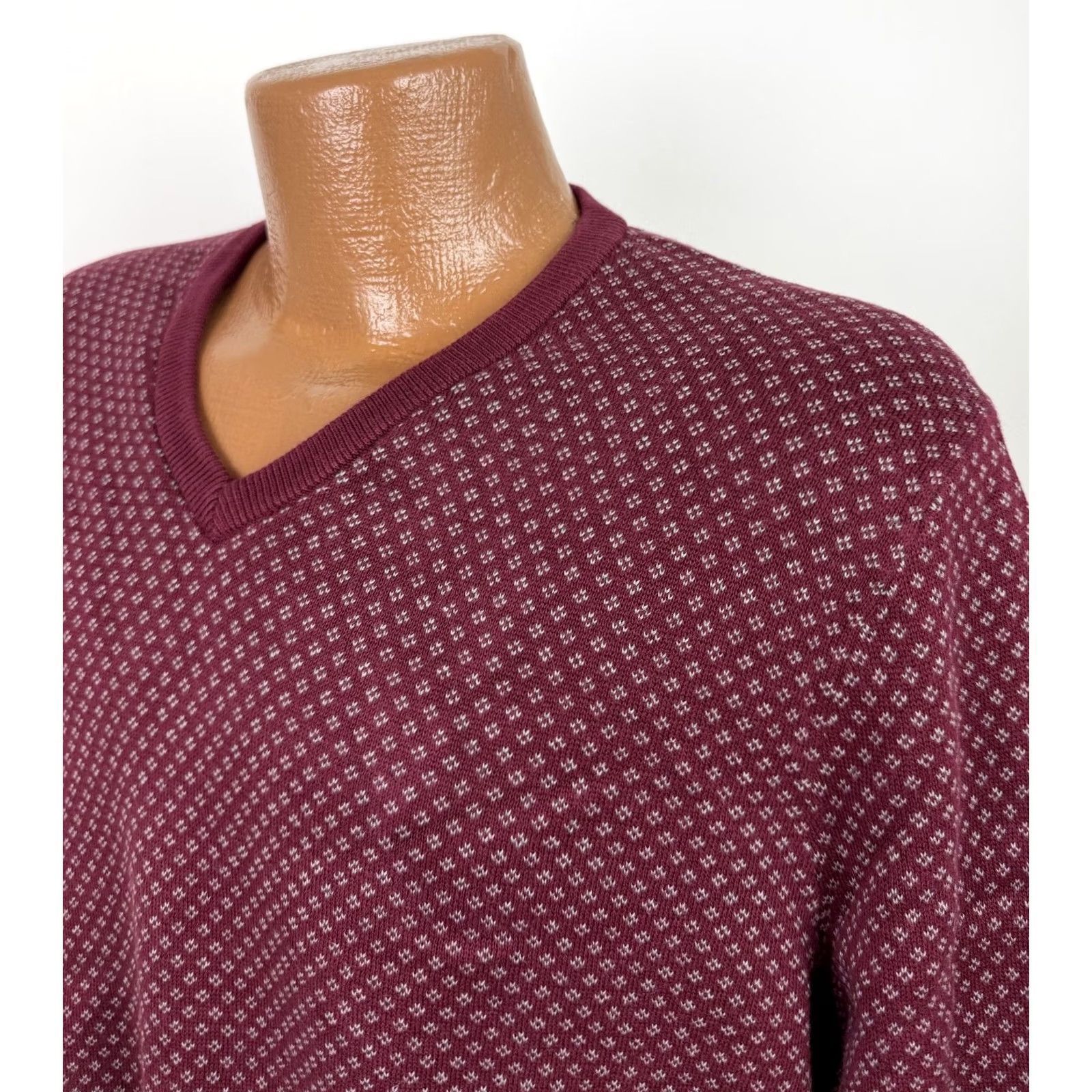 Lands' End Lands' End Mens Large Burgundy V-Neck Supima Cotton Knit Geometric Pullover Sweater Shirt Size US L / EU 52-54 / 3 - 6 Thumbnail