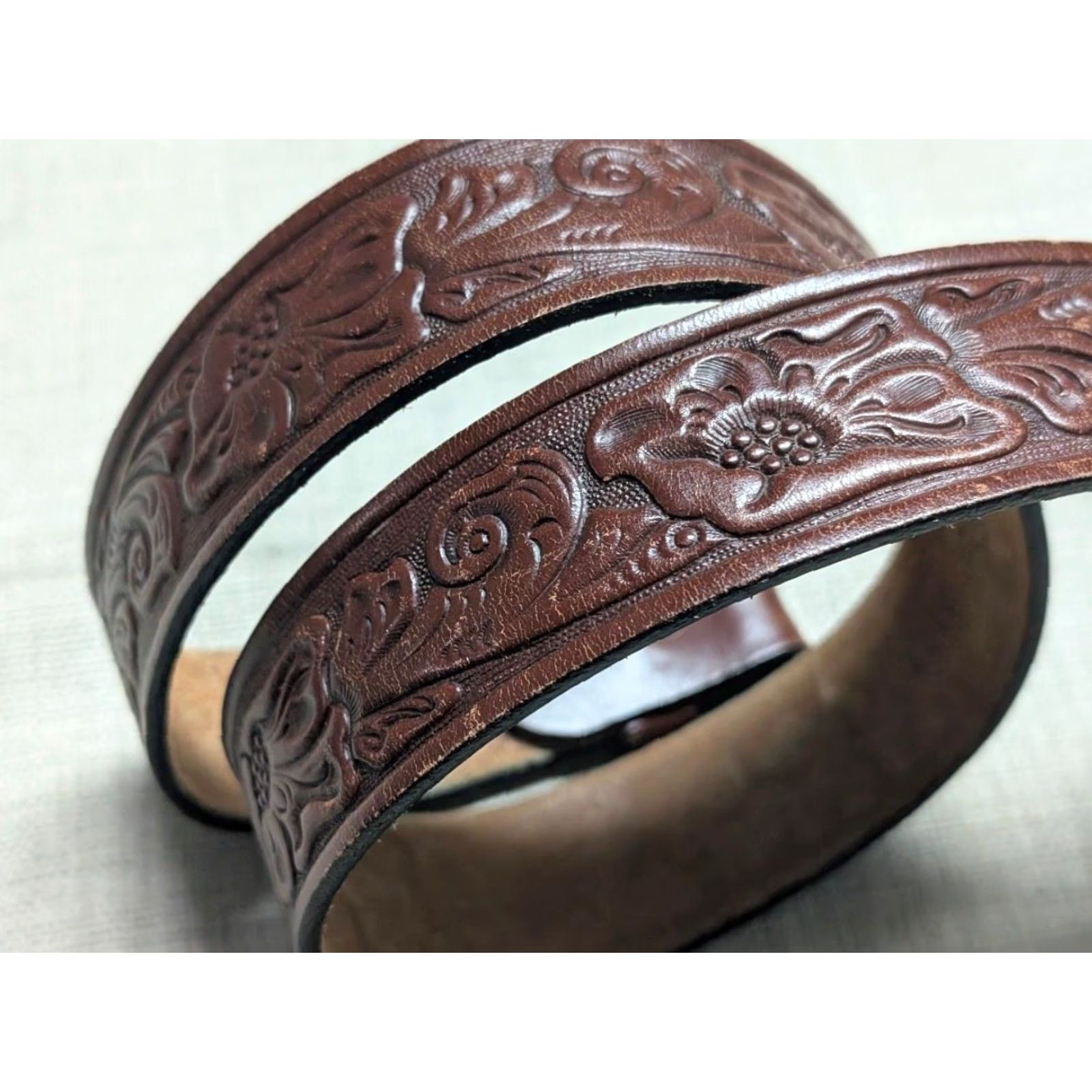 Vintage VINTAGE western belt Tooled belt Buckle Floral brown leather 32 Men Size 32 - 2 Thumbnail
