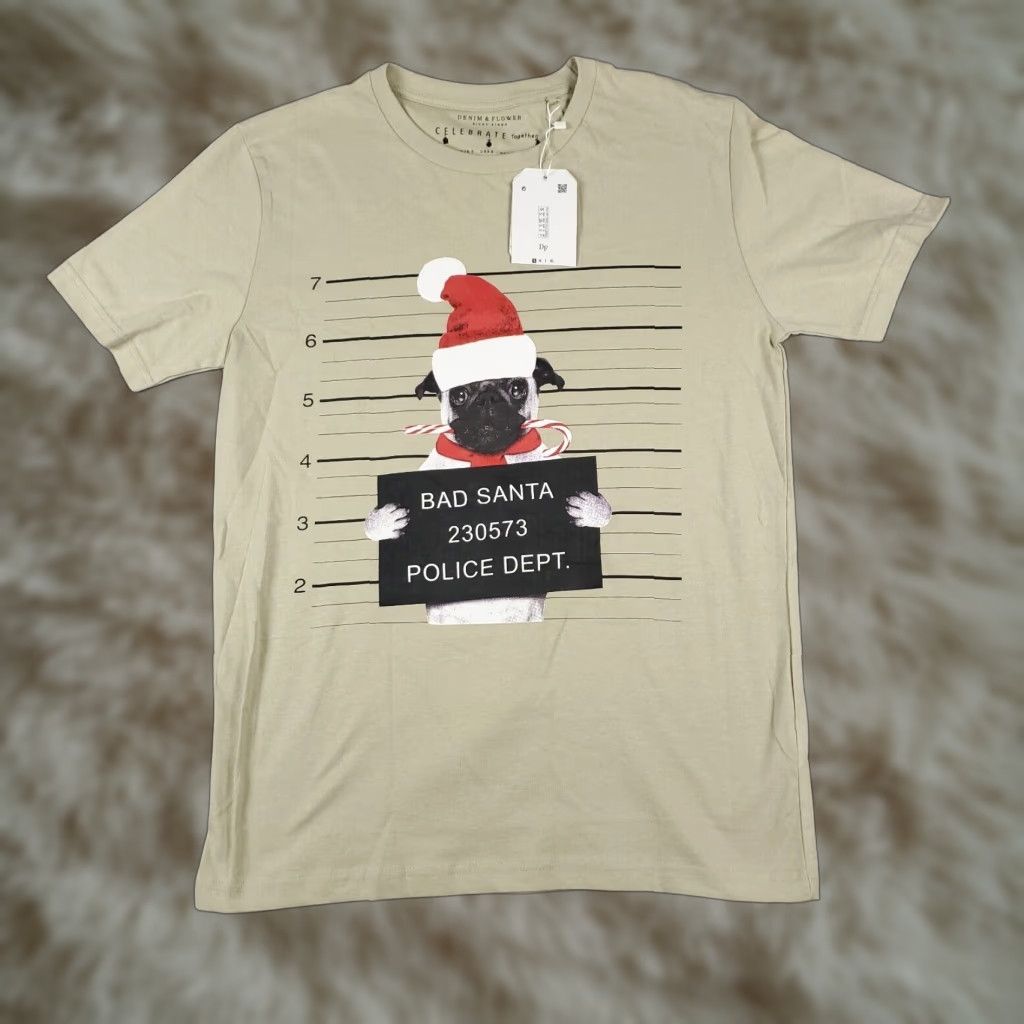 Denime Denim & Flower T-Shirt Unisex Adults Size S Beige Cotton Short Sleeve Crew Neck Graphic Pug Bad Santa Size US S / EU 44-46 / 1 - 1 Thumbnail