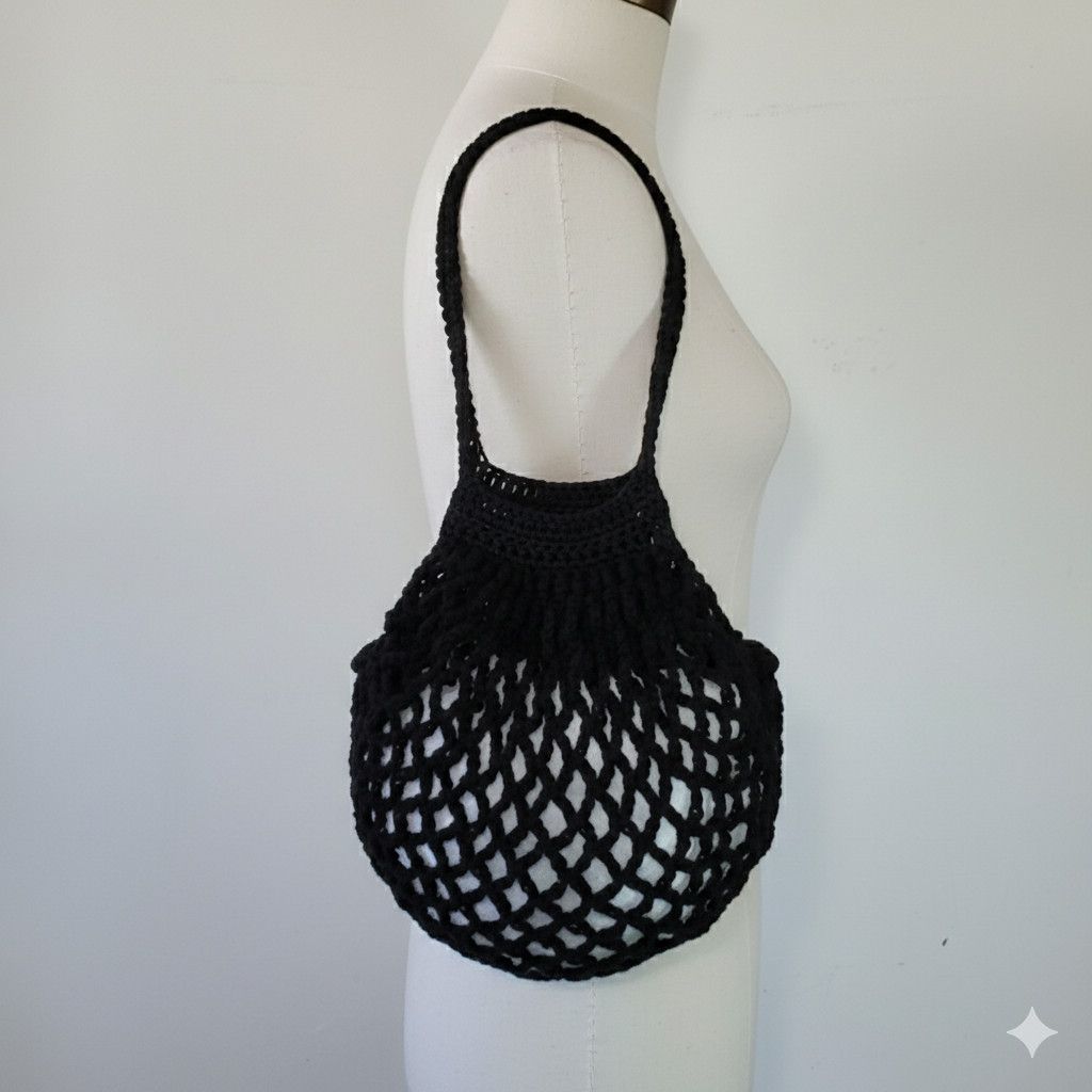 Handmade Handmade Black Net Bag Farmers Market Crochet French Sack Size ONE SIZE - 2 Thumbnail