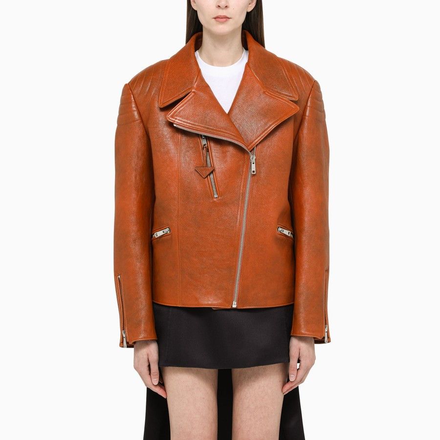 Prada o1d2blof0924 Leather Biker Jacket in Brown Size S / US 4 / IT 40 - 1 Thumbnail