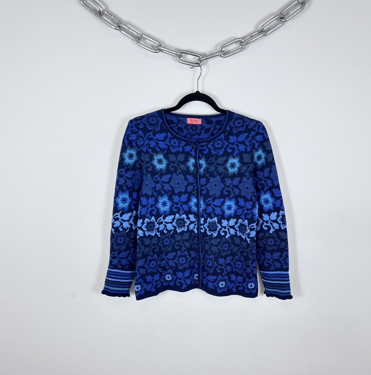 Other Oleana Women’s Floral Blue Merino Wool Silk Cardigan Sweater Size S / US 4 / IT 40 - 1 Thumbnail