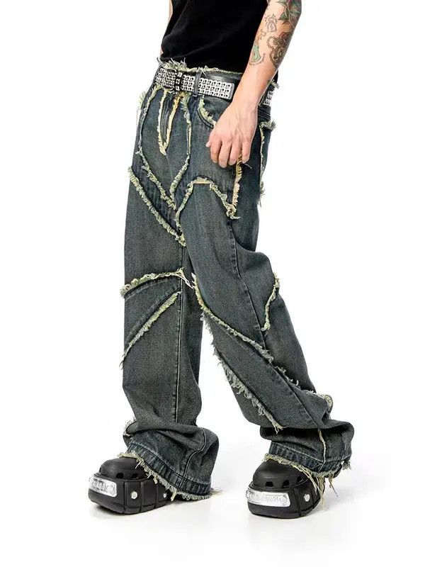 Retro mud-dyed raw edge washed distressed jeans