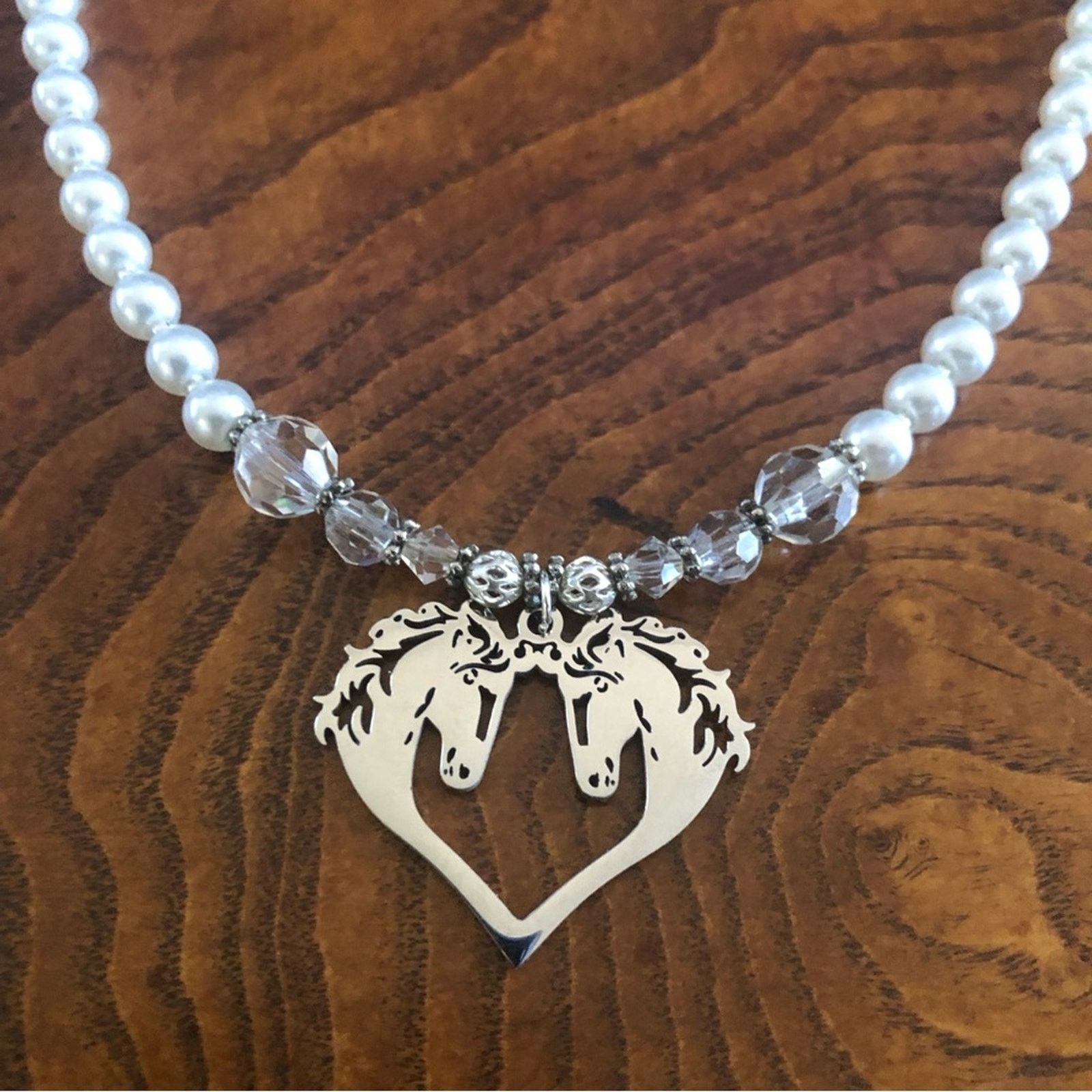Handmade Handcrafted repurpose shiny silver horse love Pearl necklac Size ONE SIZE - 11 Thumbnail