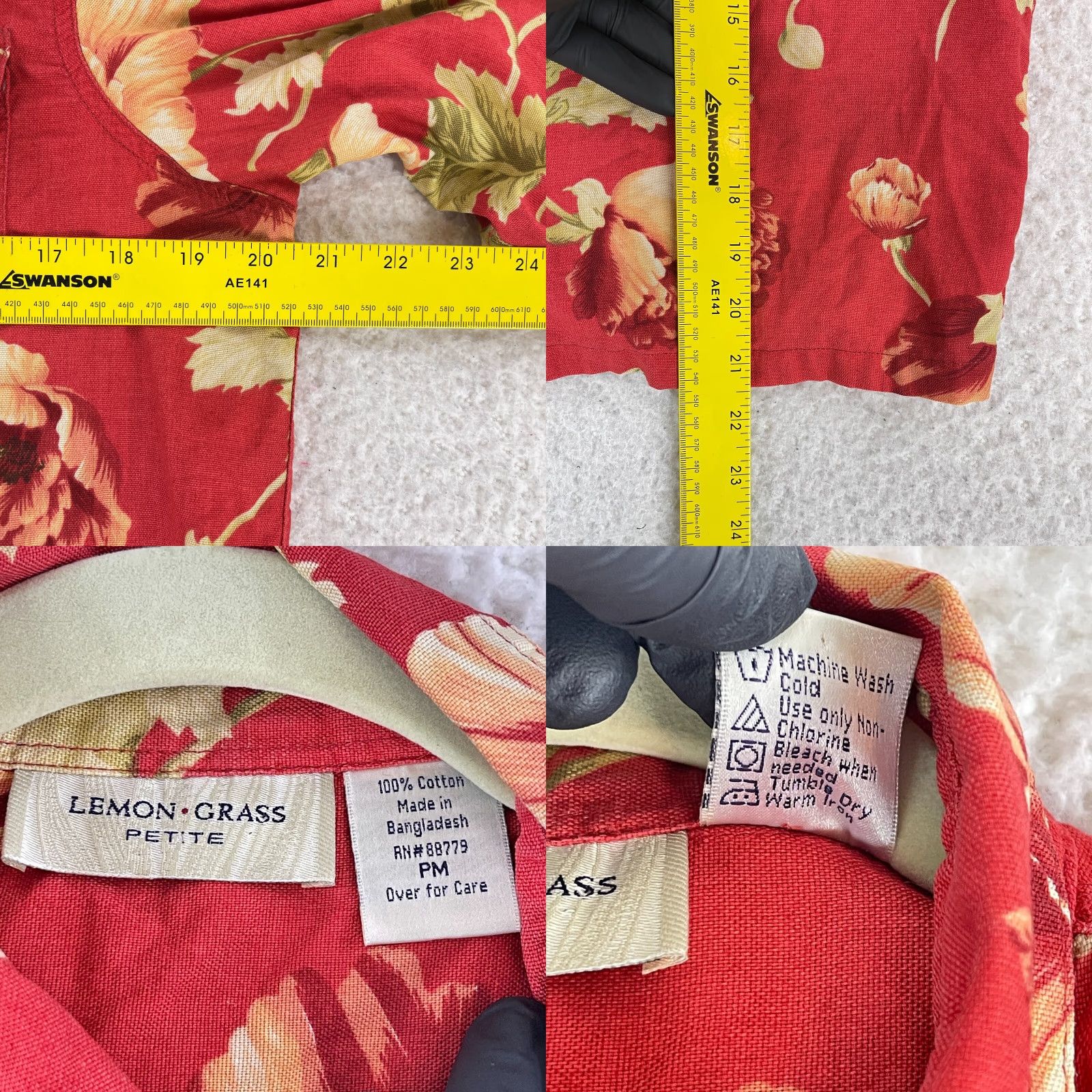 Vintage Lemon Grass Petite Red Floral Button-Up Shirt Womens 3/4 Sleeve Cotton PM Size M / US 6-8 / IT 42-44 - 8 Thumbnail