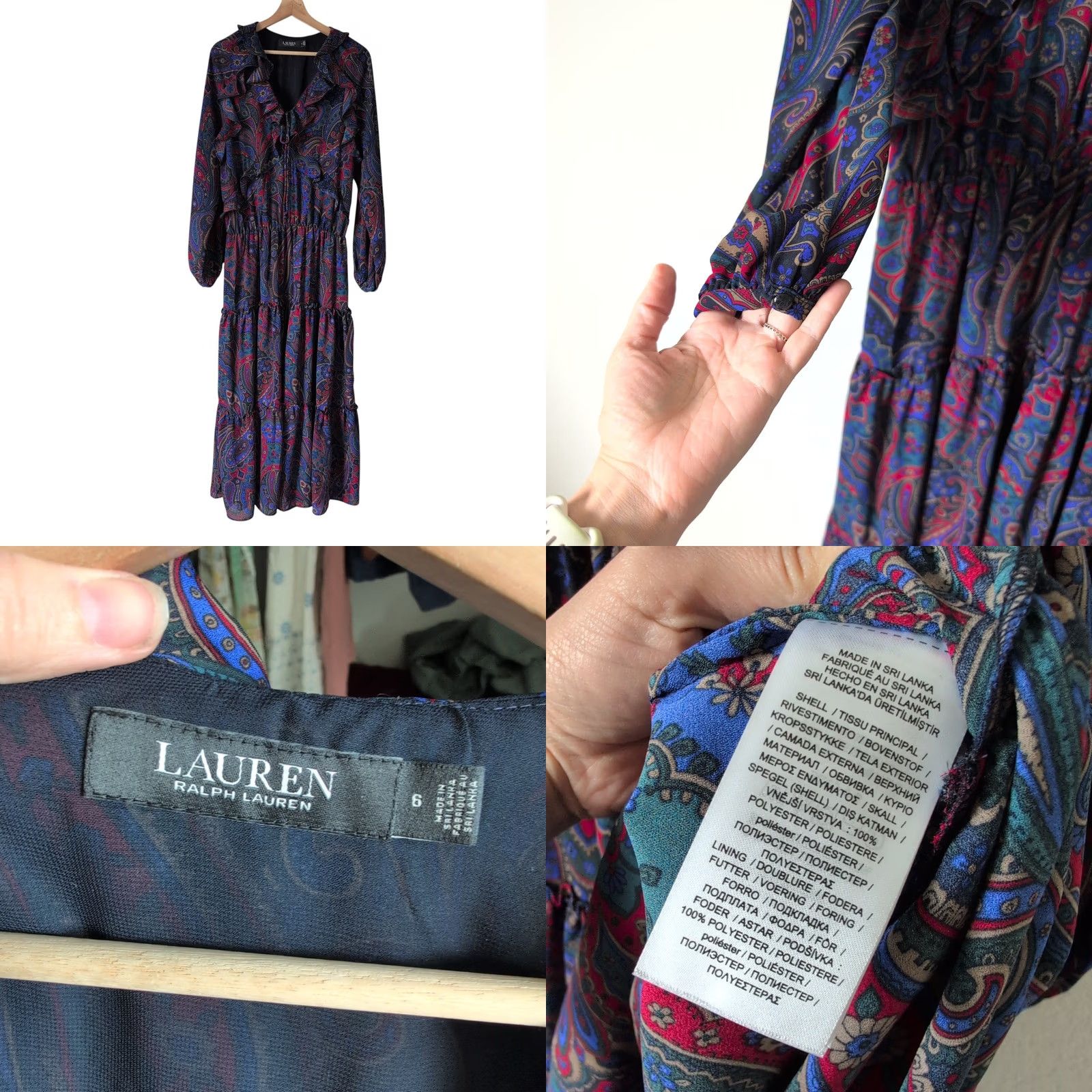 Ralph Lauren VINTAGE Ralph Lauren Maxi Dress 6 Blue Red Print Paisley Georgette Long-Sleeve Womens Girls Size M / US 6-8 / IT 42-44 - 8 Thumbnail