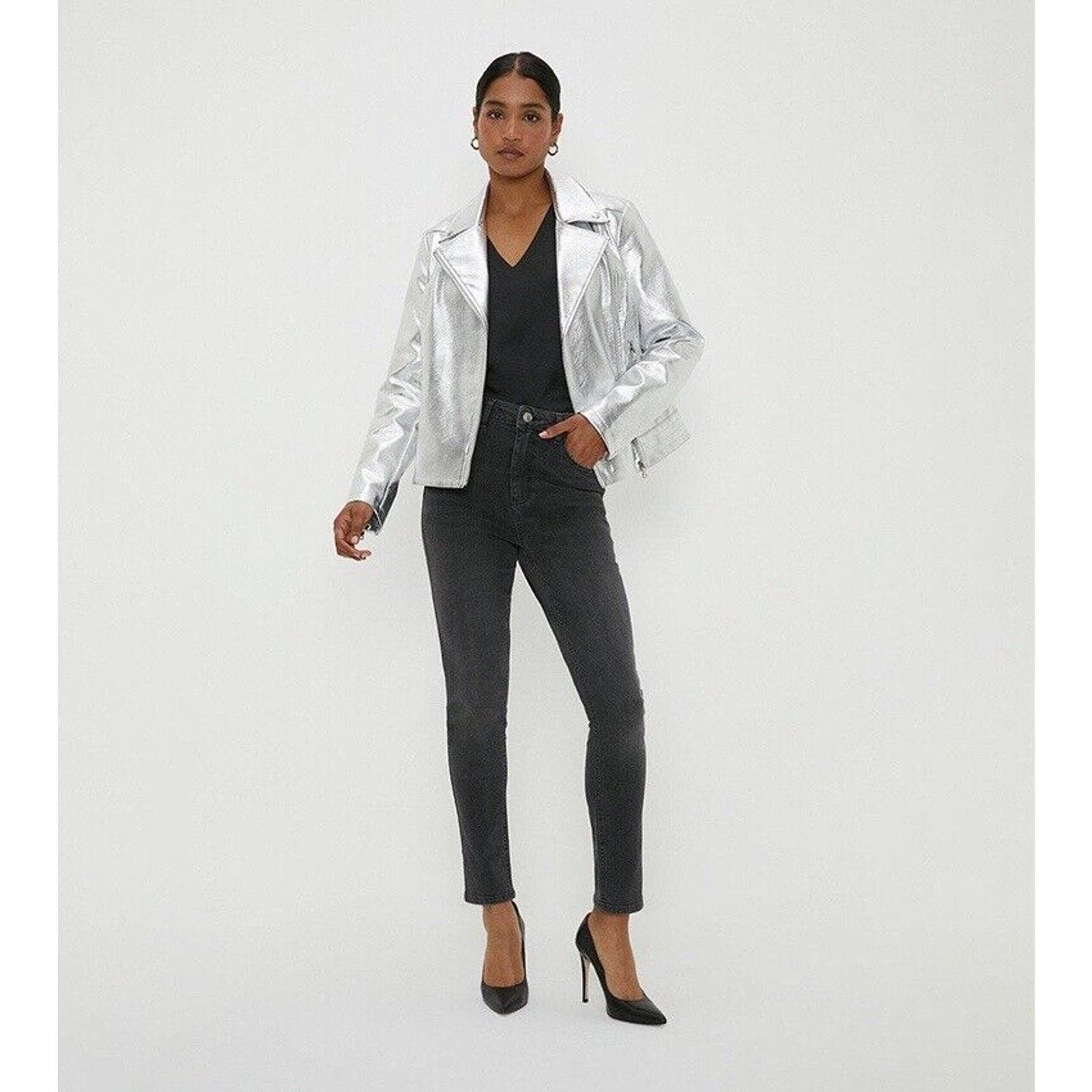 image of Dstld Genuine Leather Silver Moto Biker Jacket Small, Women's
