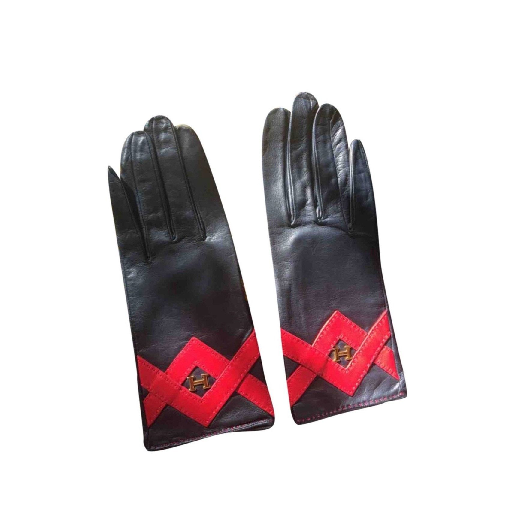 Hermes MINT. Vintage HERMES black lambskin gloves with golden H Size ONE SIZE - 1 Thumbnail