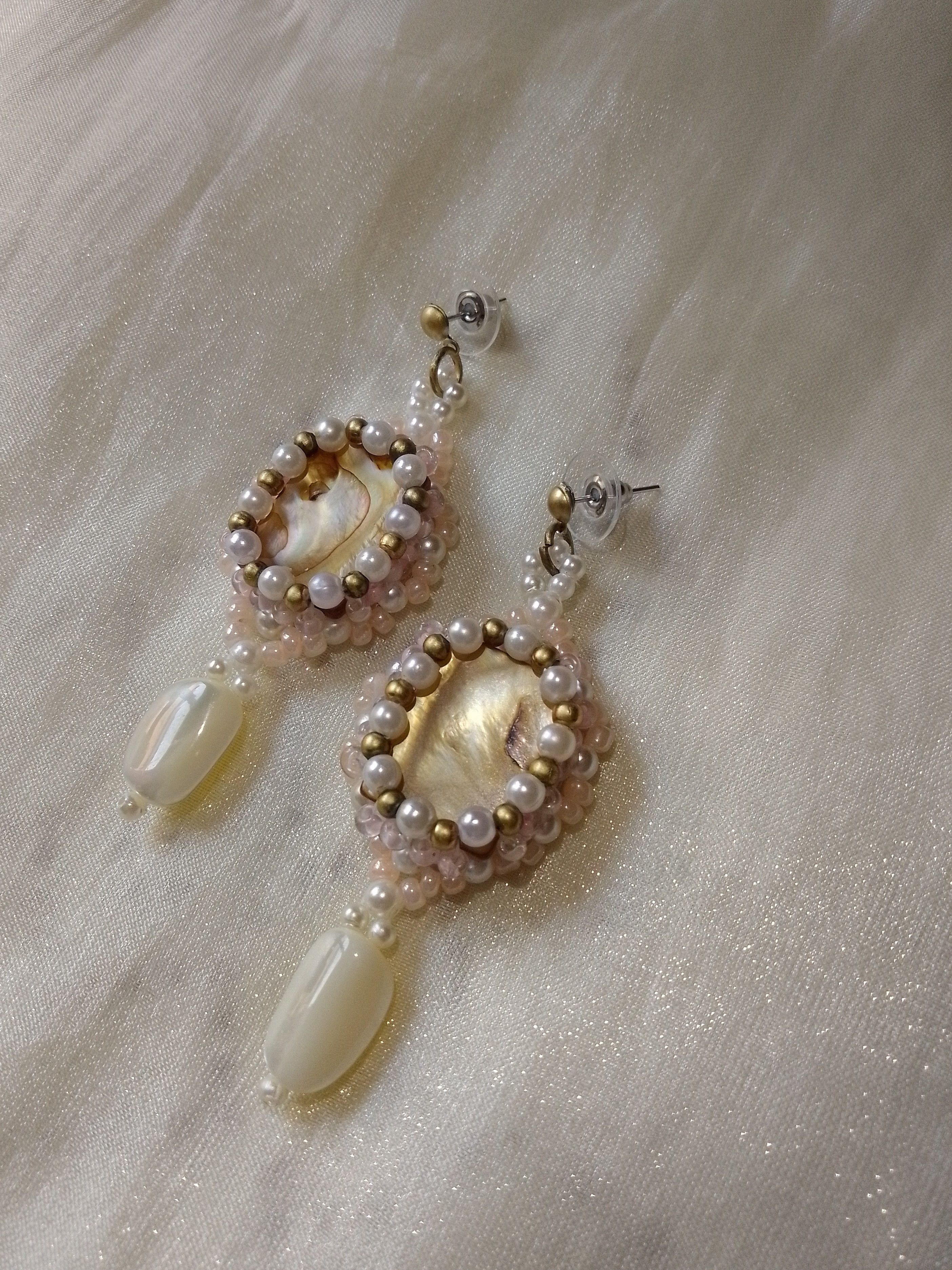 Handmade Precious Earrings Mother of Pearl Gemstones Antique '70 Size ONE SIZE - 7 Thumbnail