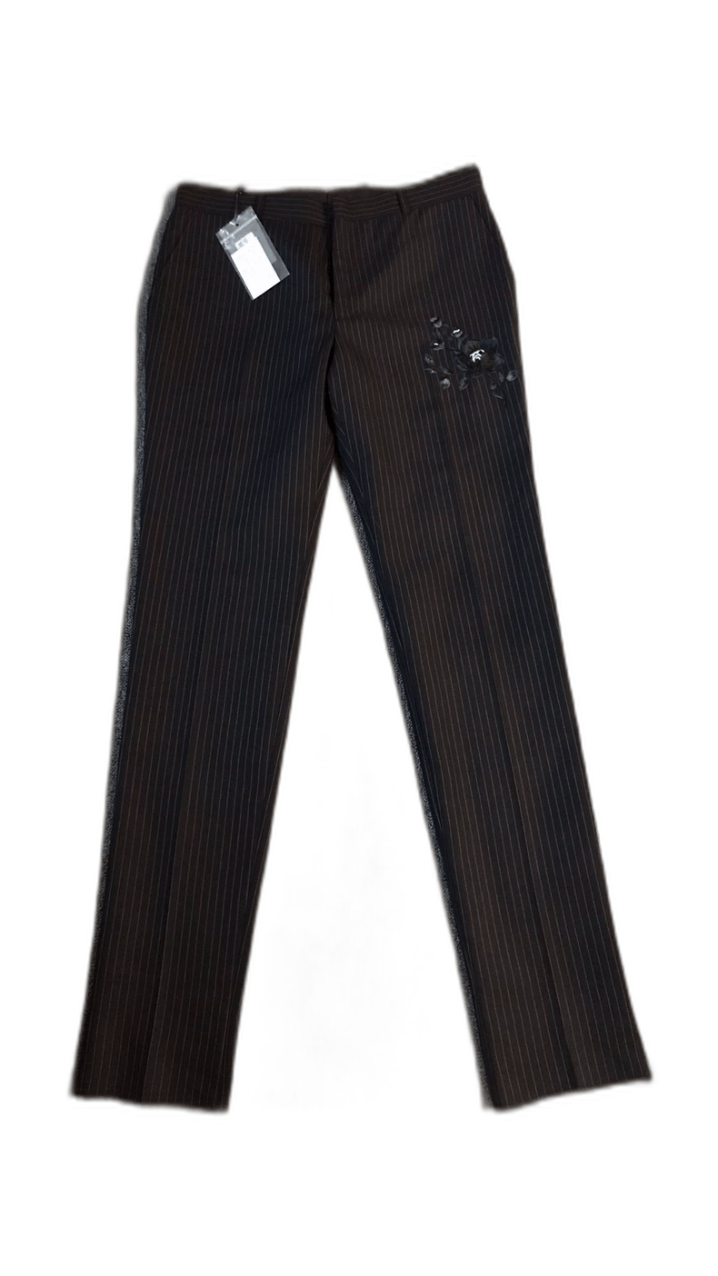 Alexander McQueen Black Pinstripe Pants with Floral Embroidery Size 42" / US 20 - 1 Thumbnail