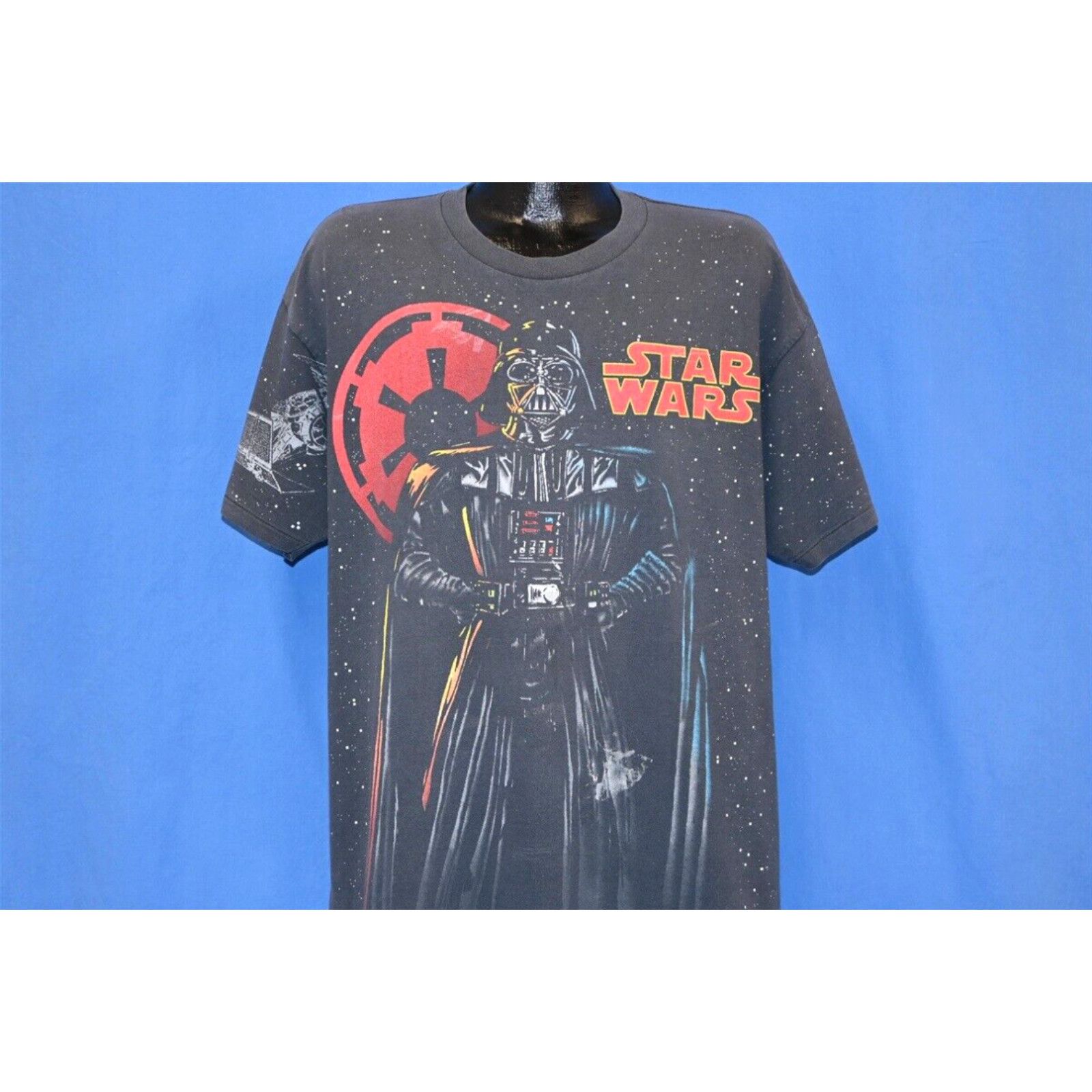 image of Delta Vintage 90's Star Wars Darth Vader Big Print Sci Fi Movie Space Black T-Shirt XL in White