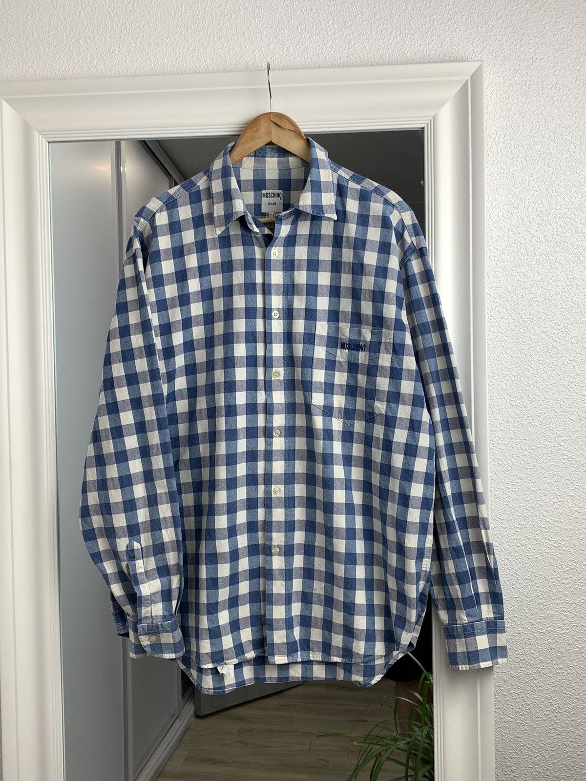 Moschino Plaid Shirt Oversized Shirt Blue-White Size:L