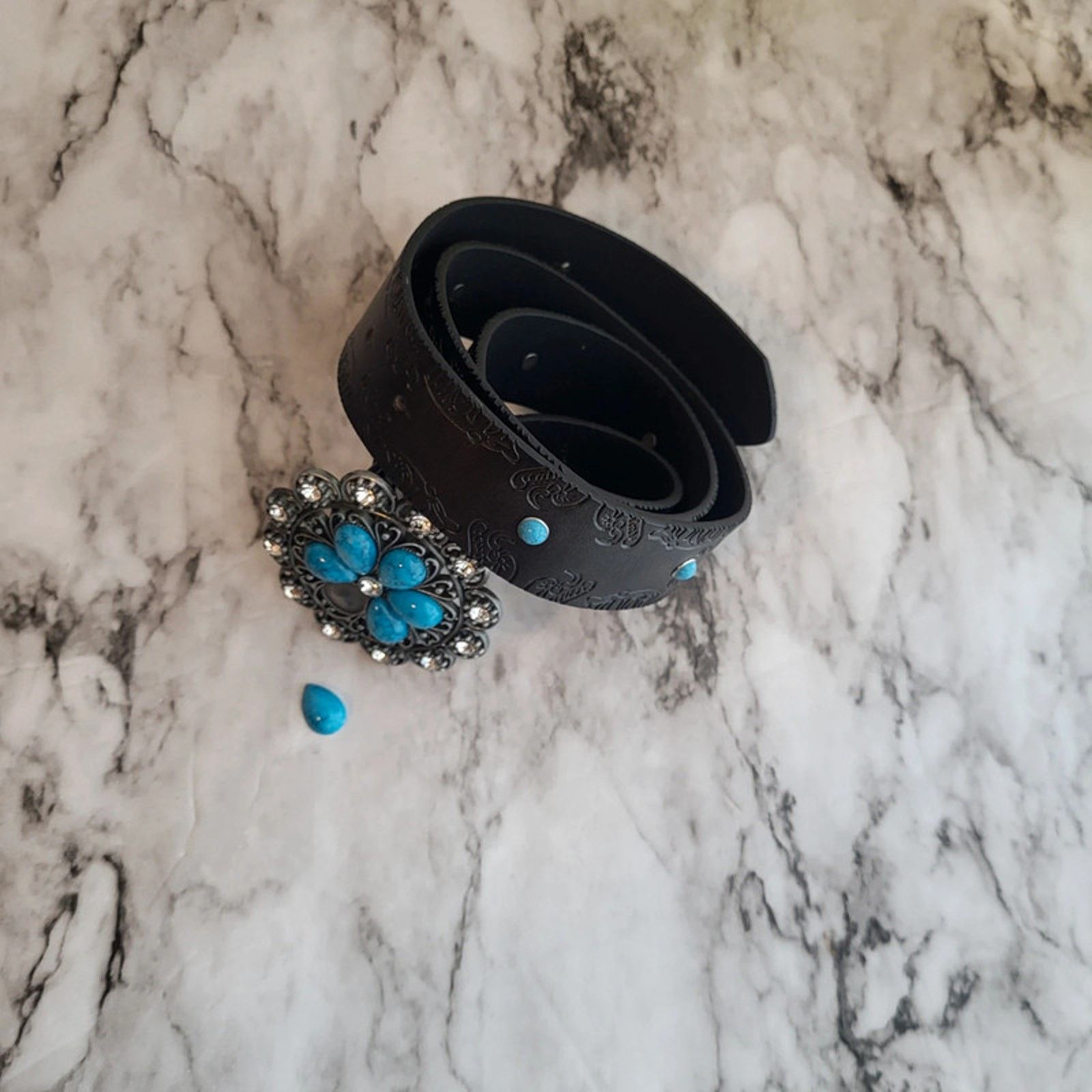 Other Black and Blue Floral Buckle Vegan Leather Belt 44 inches Size ONE SIZE - 2 Thumbnail