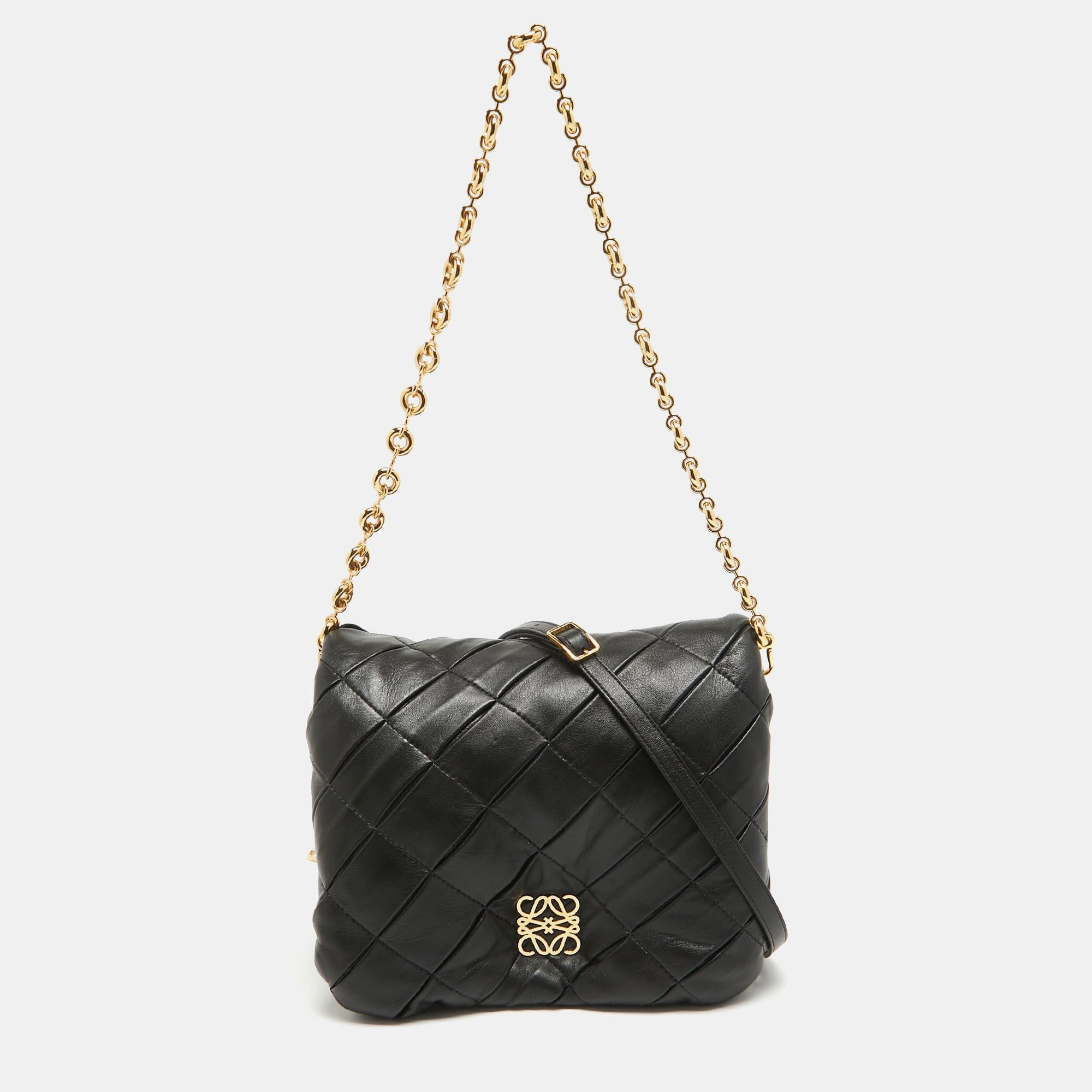 image of Loewe Black Leather Goya Puffer Shoulder Bag, Women's