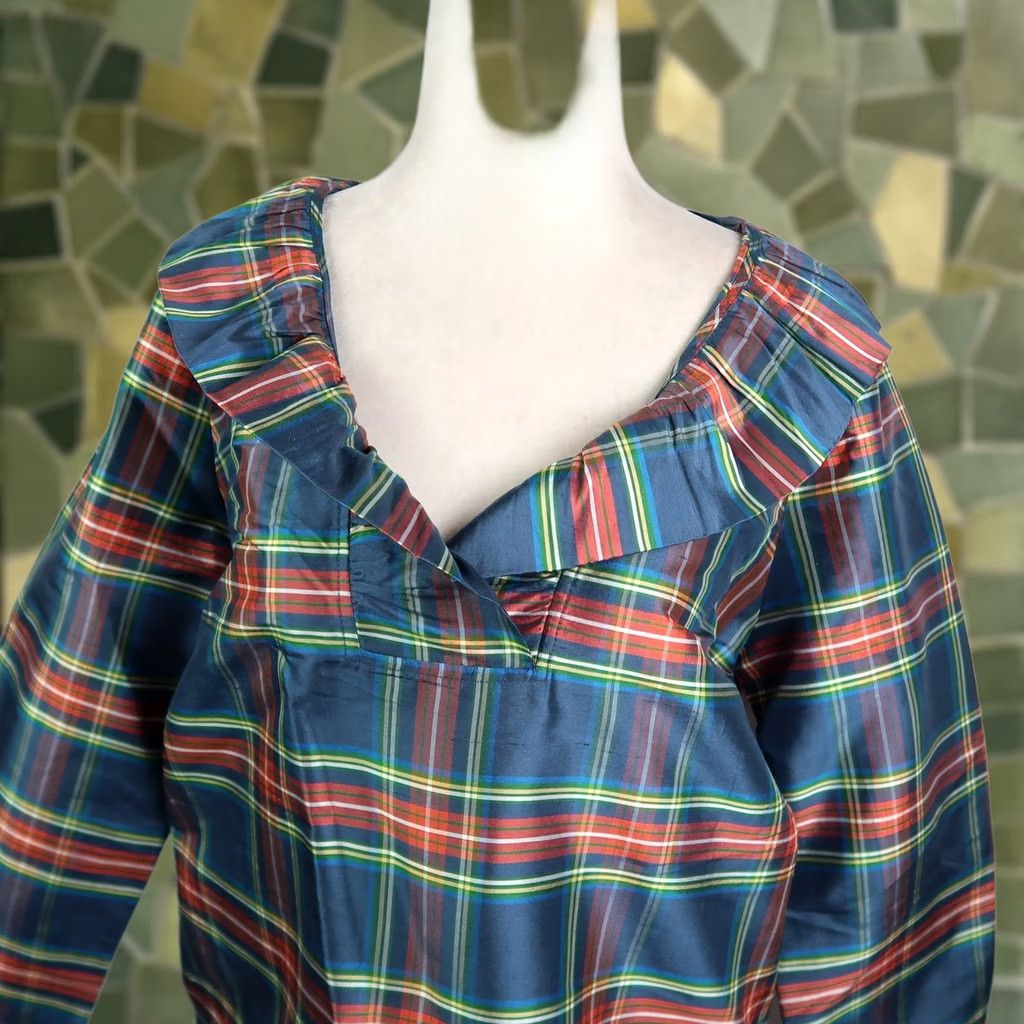 Vintage Devon Baer Stewart Plaid Silk Taffeta Ruffle Top M Navy Blue Women Size M / US 6-8 / IT 42-44 - 1 Thumbnail