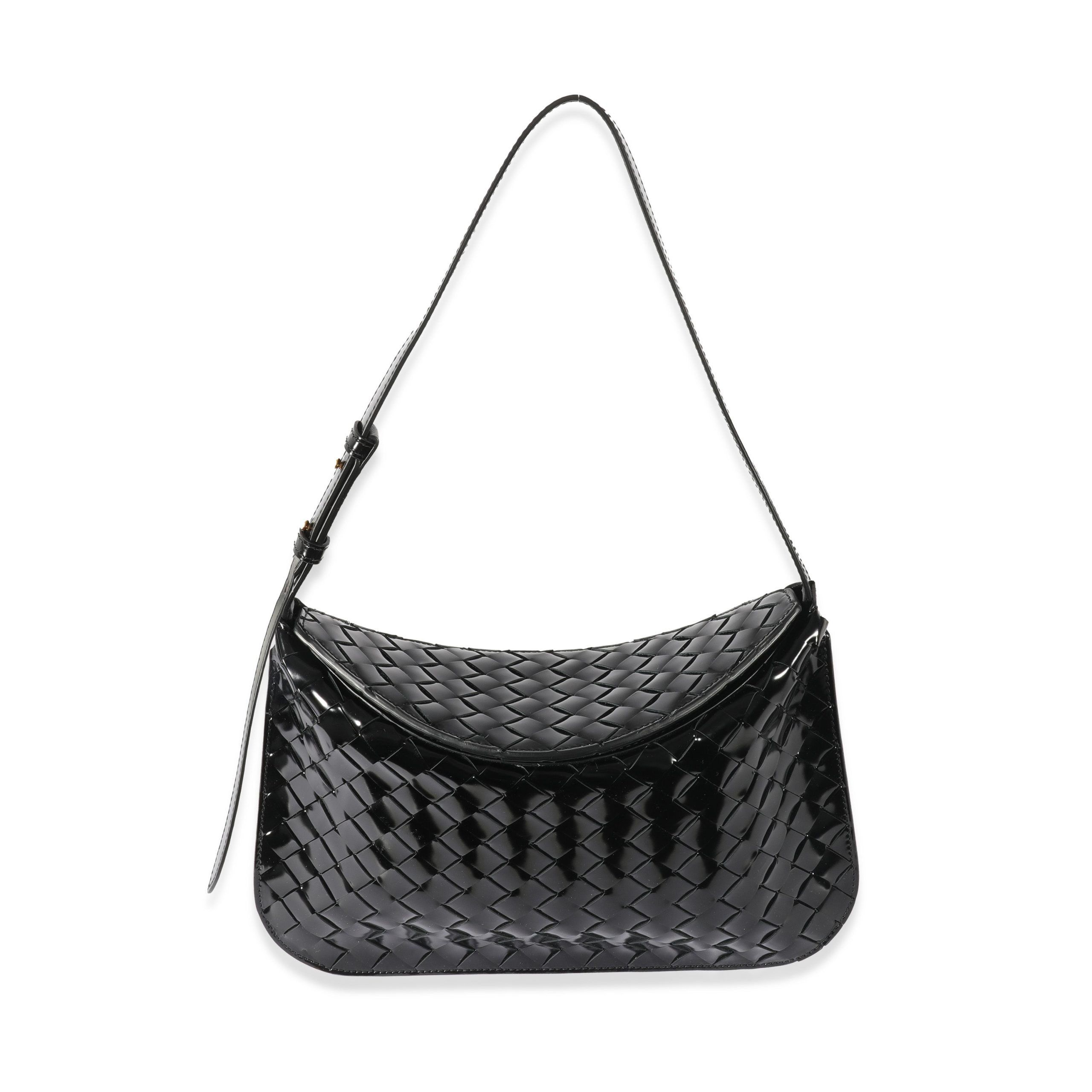 image of Bottega Veneta Black Patent Intrecciato Shoulder Bag, Women's