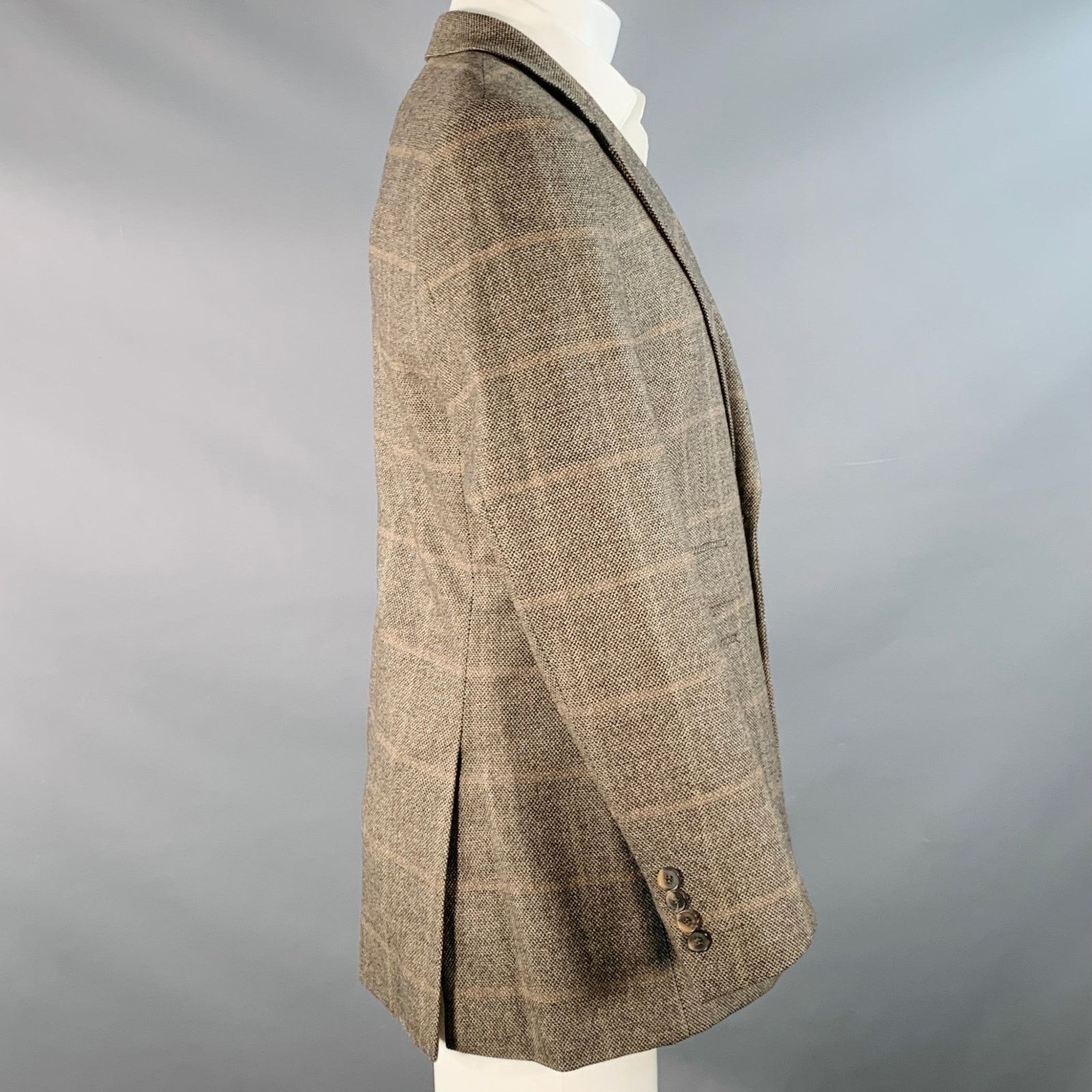 Brown Black Virgin Wool Cashmere Windowpane Sport Coat