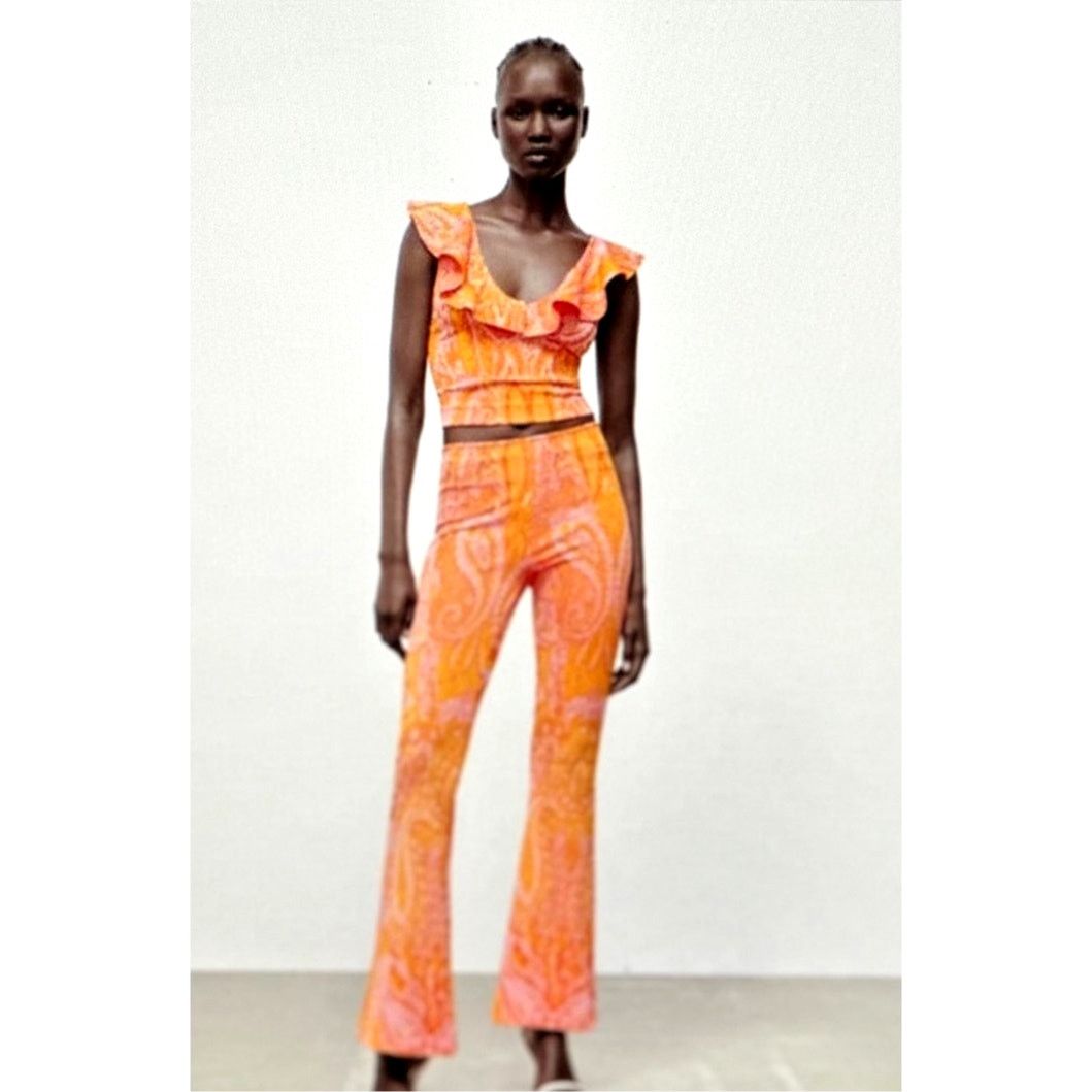 Zara Stretch Zara Jacquard Paisley Ruffle Top Orange Pink size S Size S / US 4 / IT 40 - 11 Thumbnail