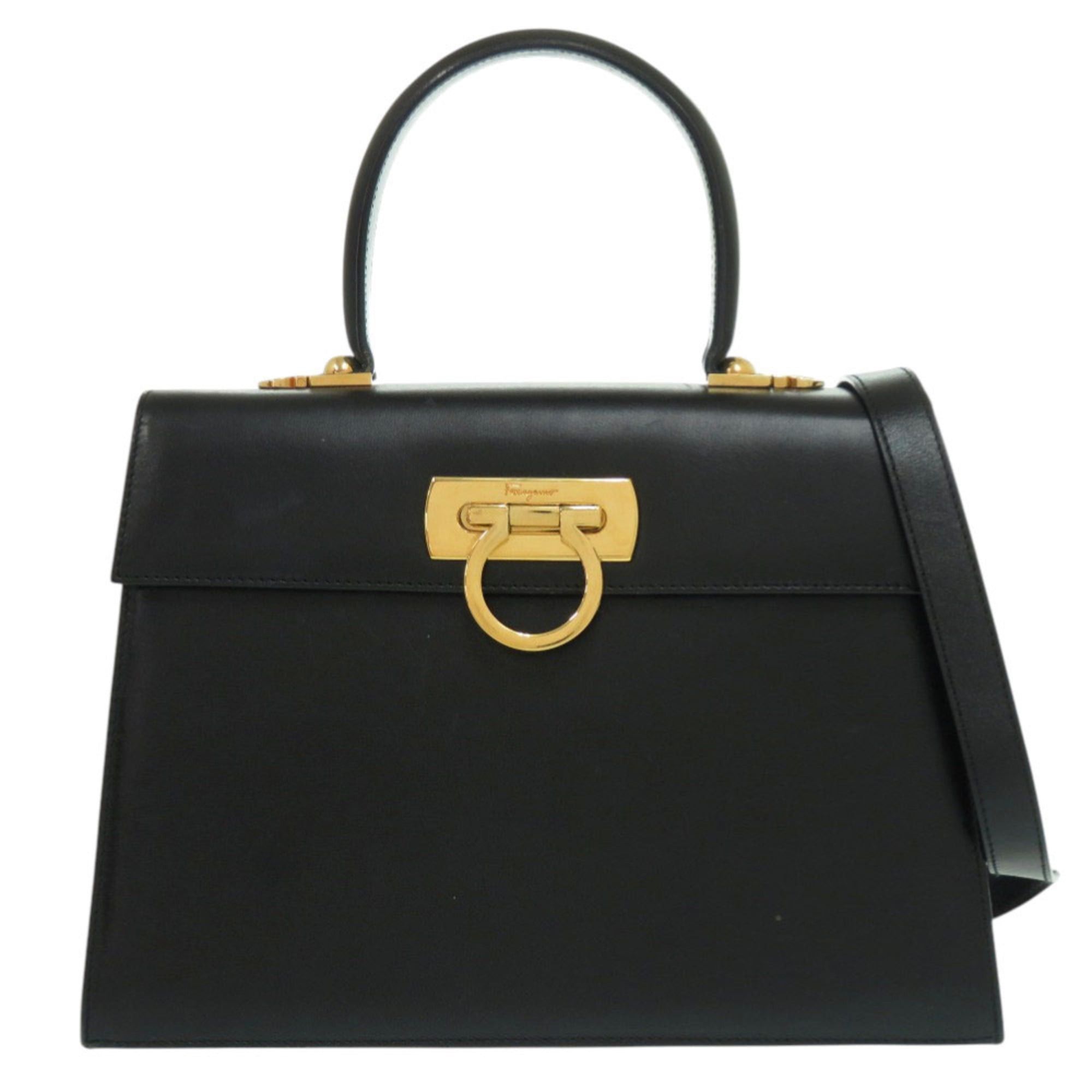 Salvatore Ferragamo Gancini Ea-21218 Black Leather Handbag With Gold Hardware, 2-Way, 0903, Women's