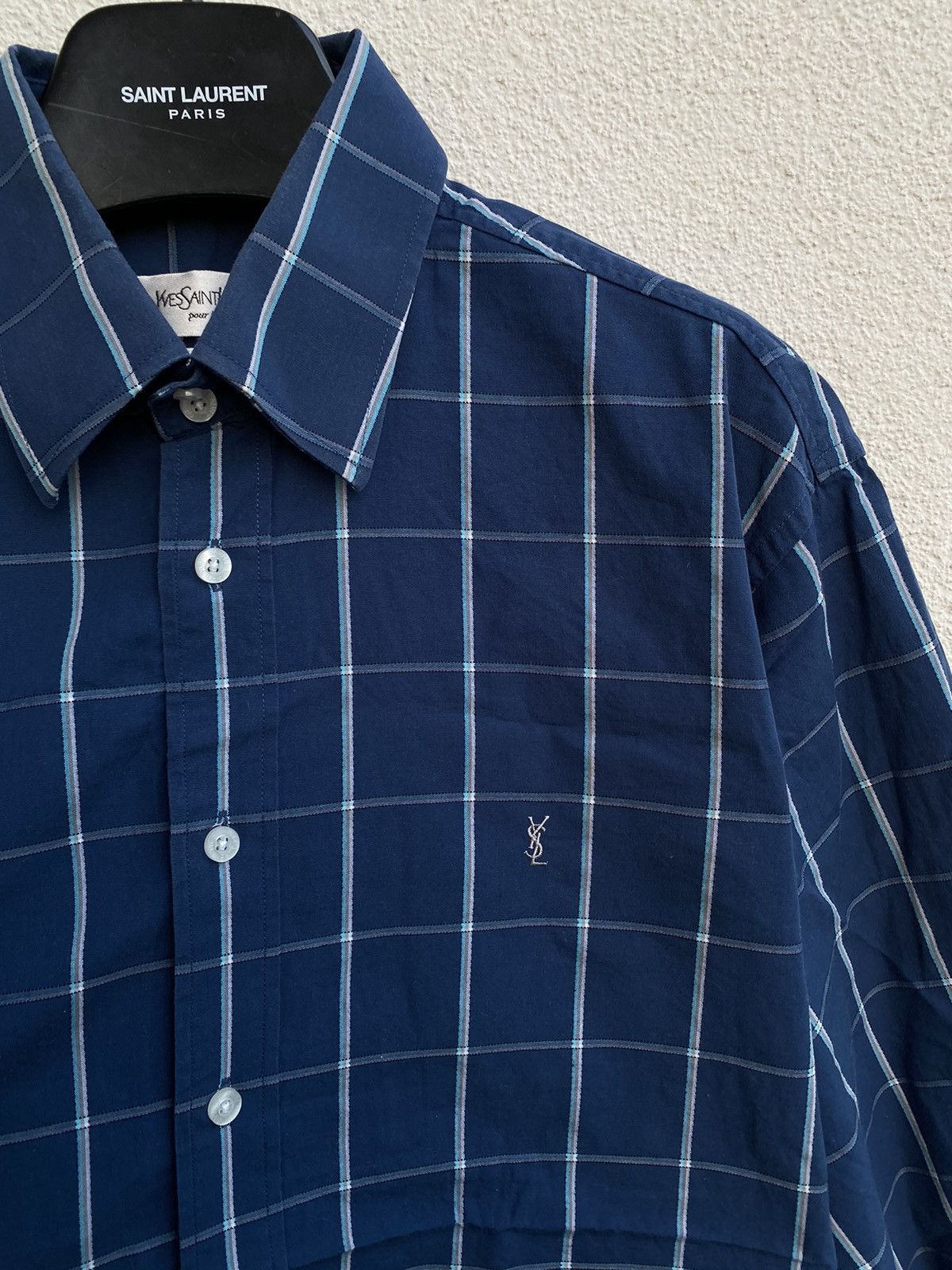 Yves Saint Laurent Cotton YSL Shirt Check Navy Size US M / EU 48-50 / 2 - 1 Thumbnail