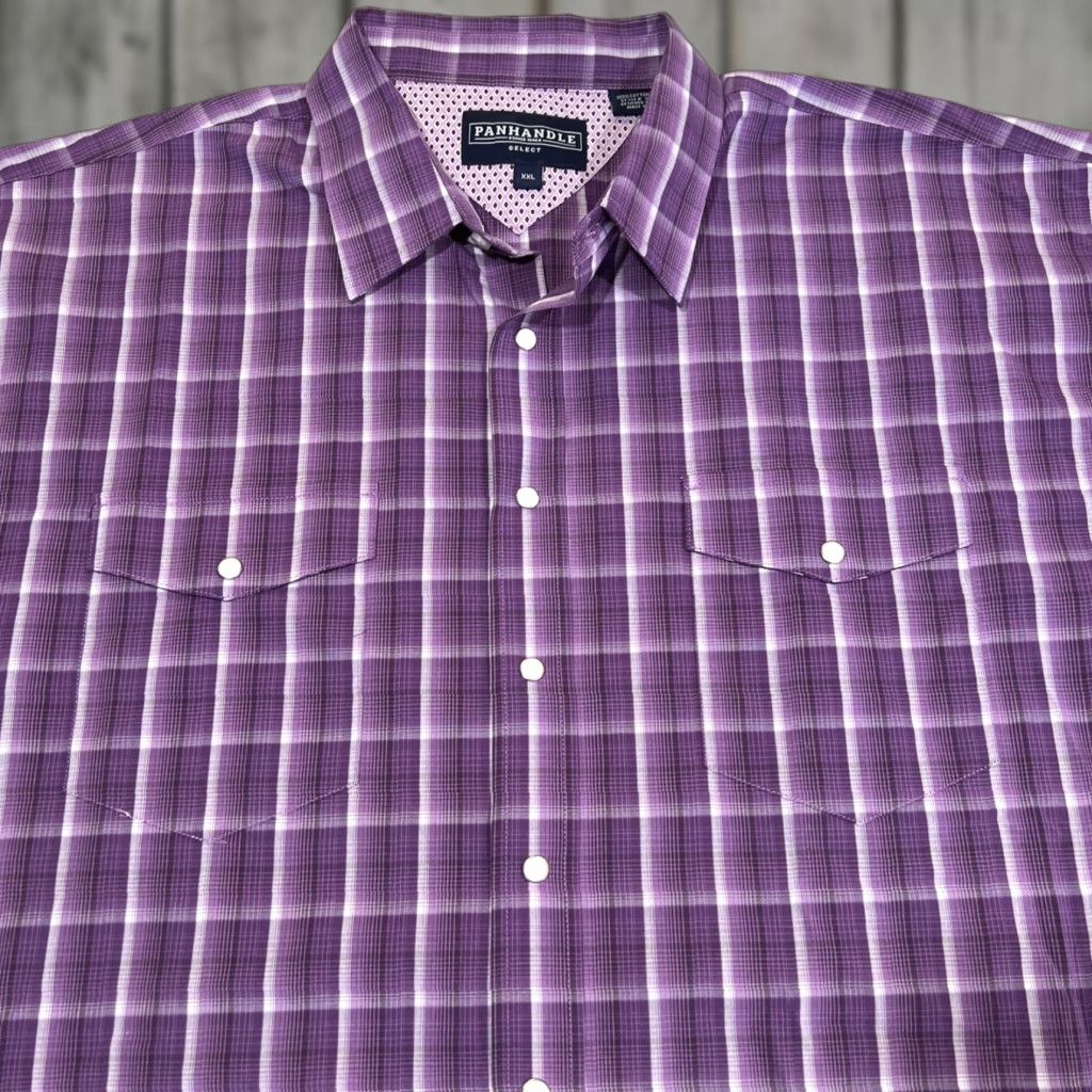 Vintage Panhandle Select Men's 2XL Short Sleeve Pearl Snap Plaid Western Shirt Purple Woven Cotton Size US XXL / EU 58 / 5 - 1 Thumbnail