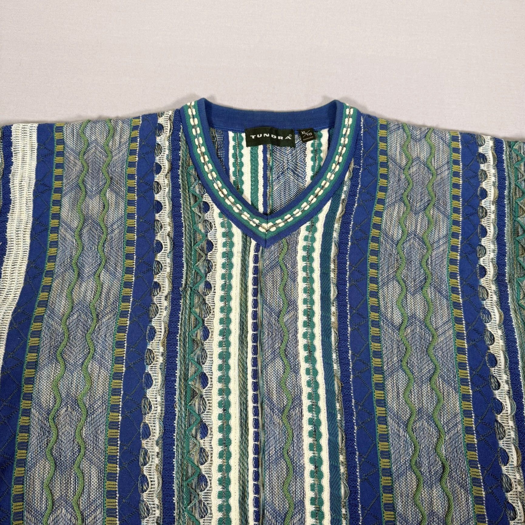 Vintage VINTAGE Tundra Sweater Mens XL Blue Green 3D Knit V-Neck Cotton Canada Hip Hop Pullover Size US XL / EU 56 / 4 - 2 Thumbnail