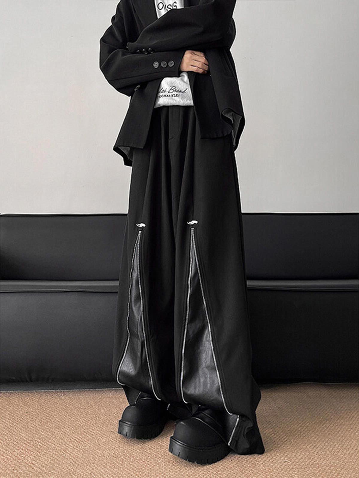 Leather Black Wide-Leg Pants with Leather Accents Size US 32 / EU 48 - 1 Thumbnail