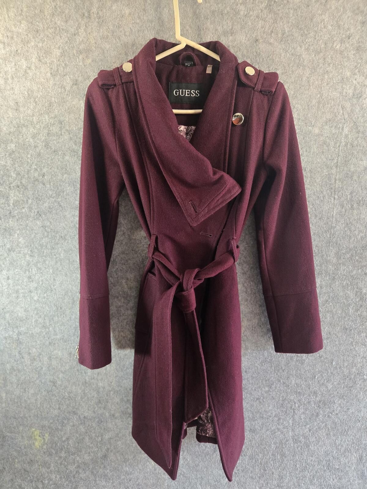 Guess GUESS Asymmetrical Belted Wool Walker Trench Coat Wine Size XS / US 0-2 / IT 36-38 - 2 Thumbnail