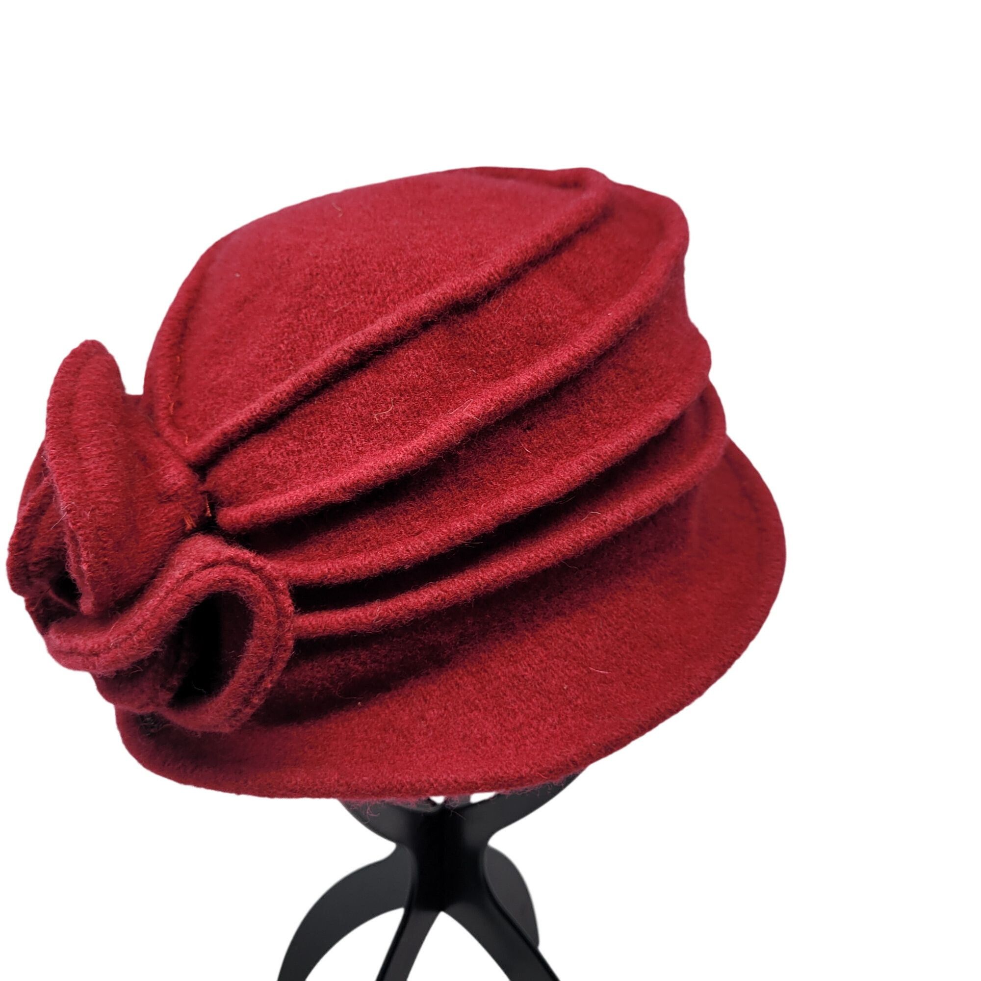 Vintage Vtg Red Wool Cloche Hat Floral Accent Sz 57cm Flapper Bob Ru Size ONE SIZE - 7 Thumbnail